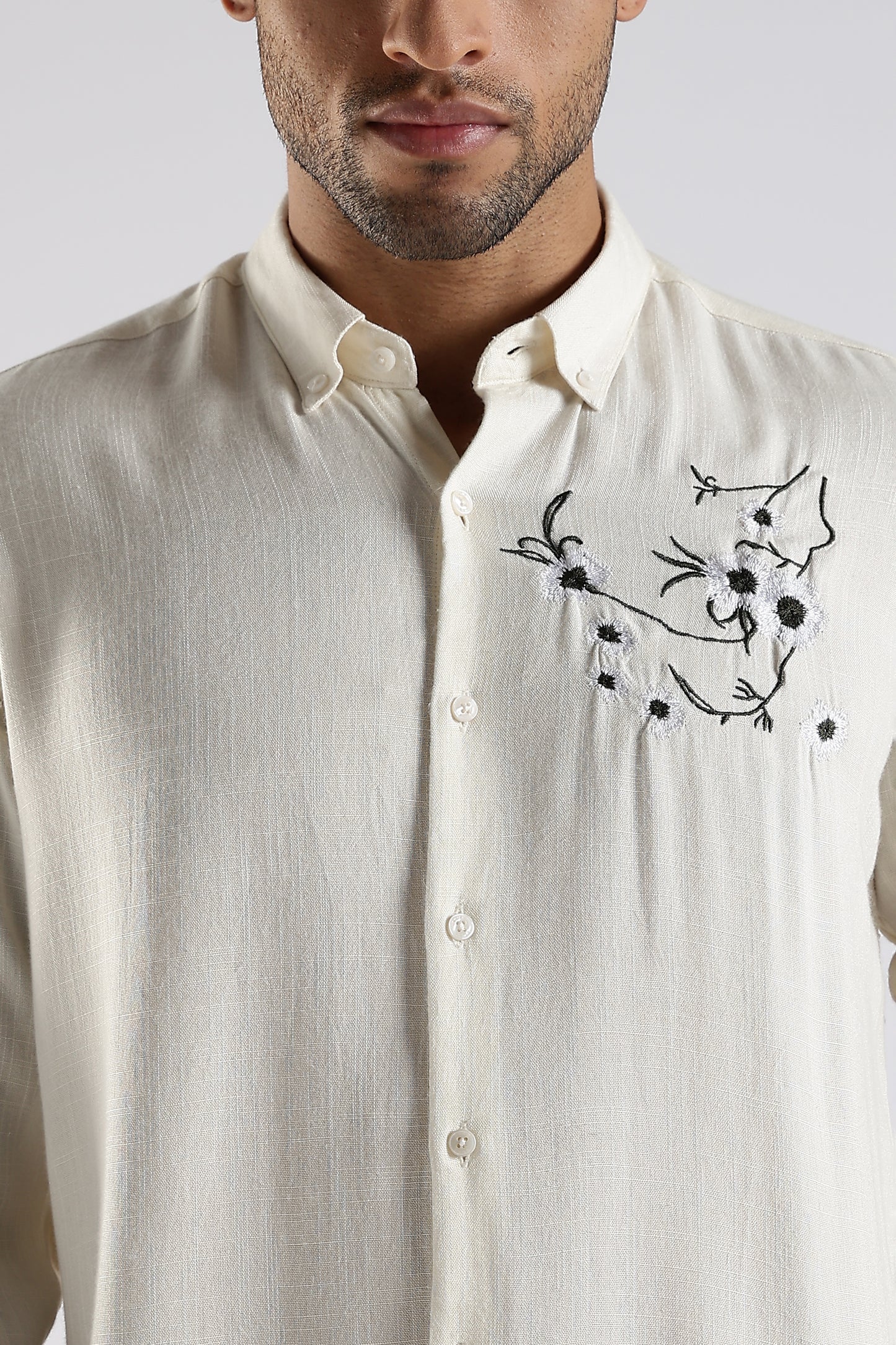 Regular Fit Embroidery Linen Blend Designer Cream Shirt