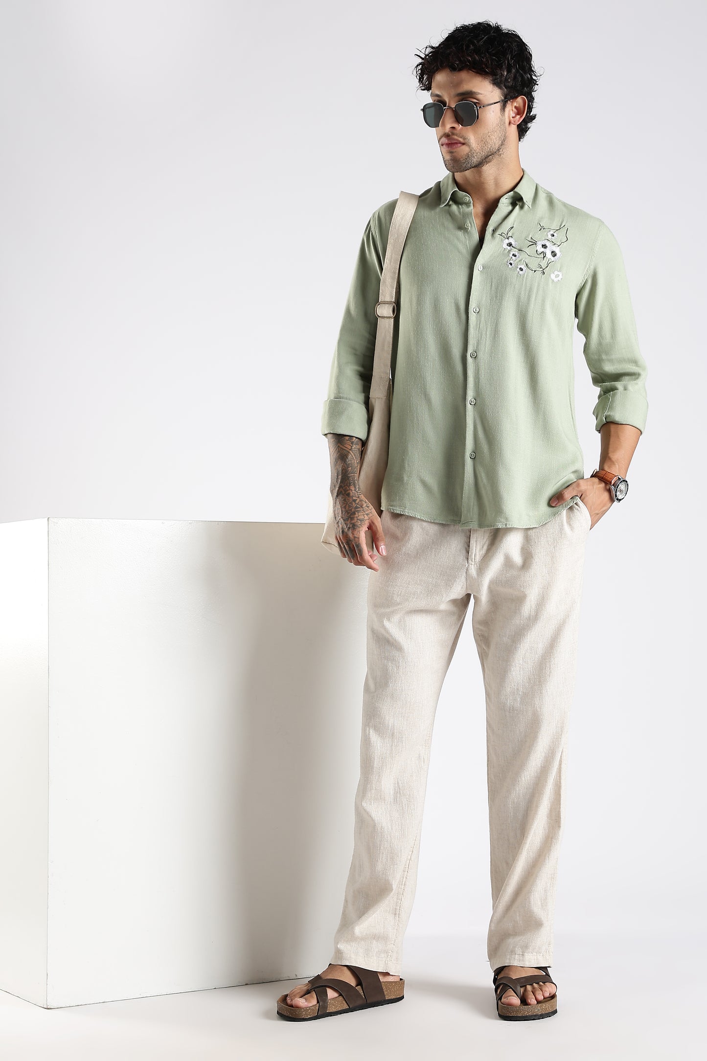 Regular Fit Embroidery Linen Blend Designer Light Green Shirt