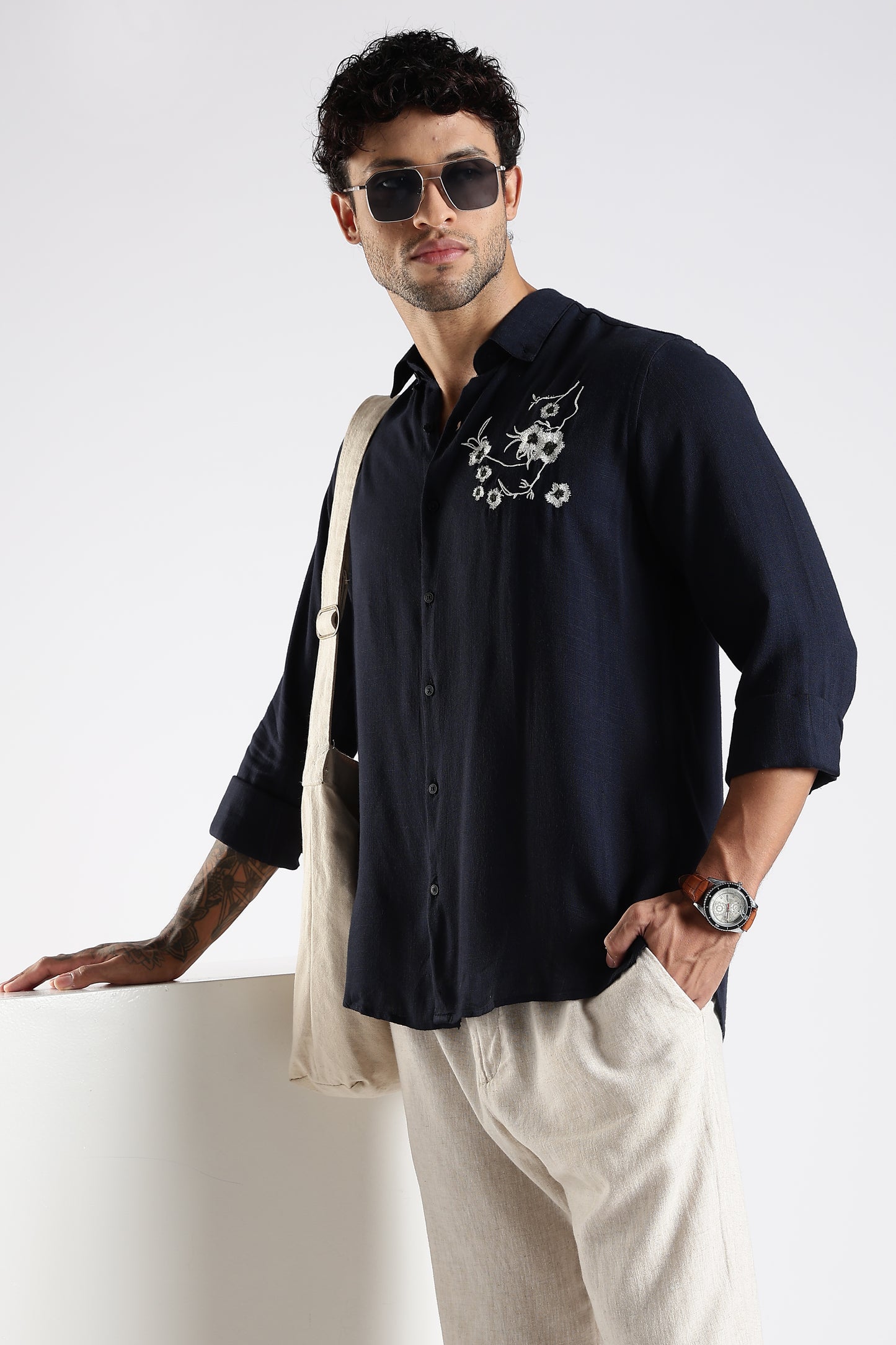 Regular Fit Embroidery Linen Blend  Dark Navy Blue Designer Shirt