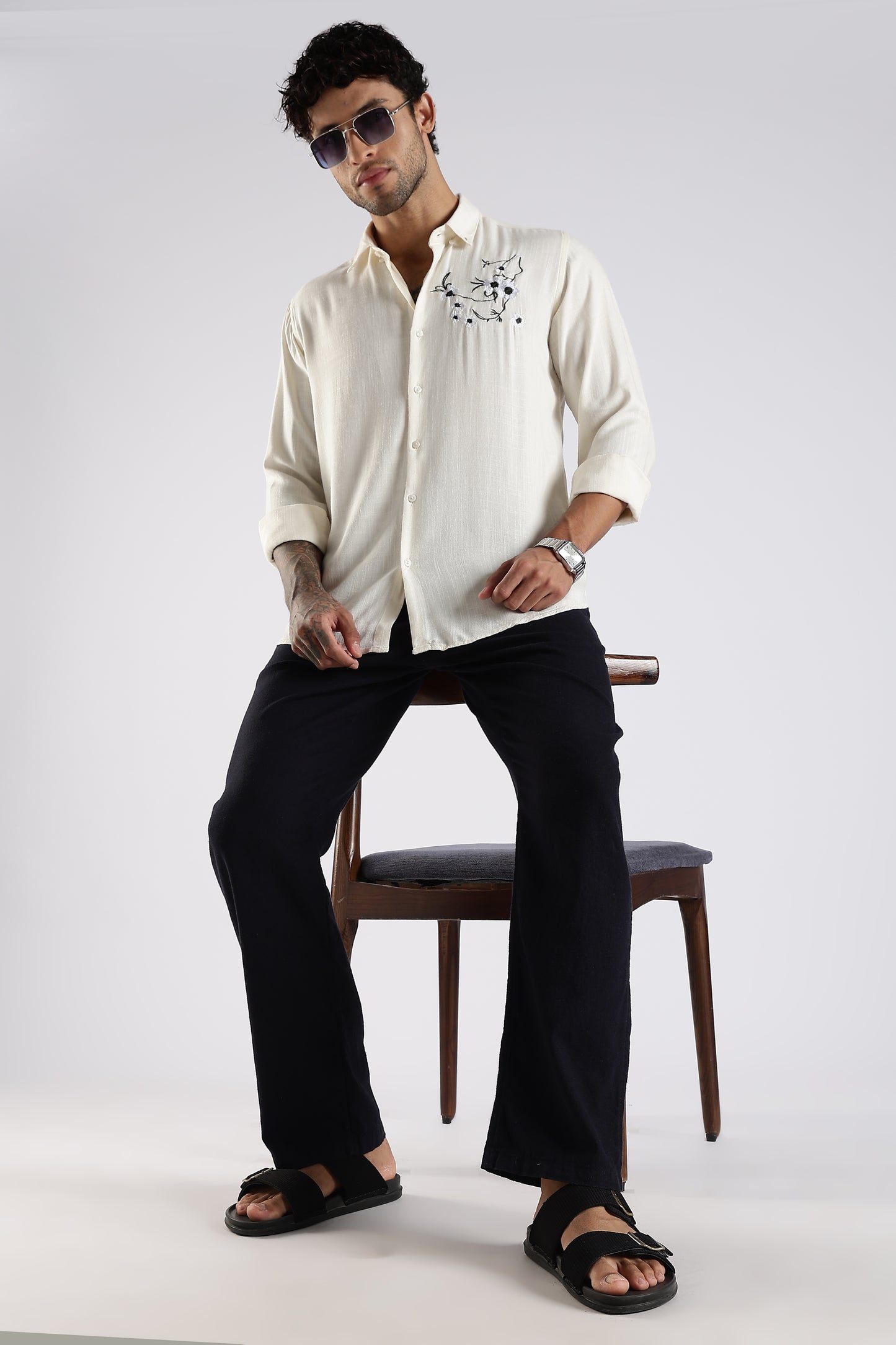 Regular Fit Embroidery Linen Blend Designer Cream Shirt