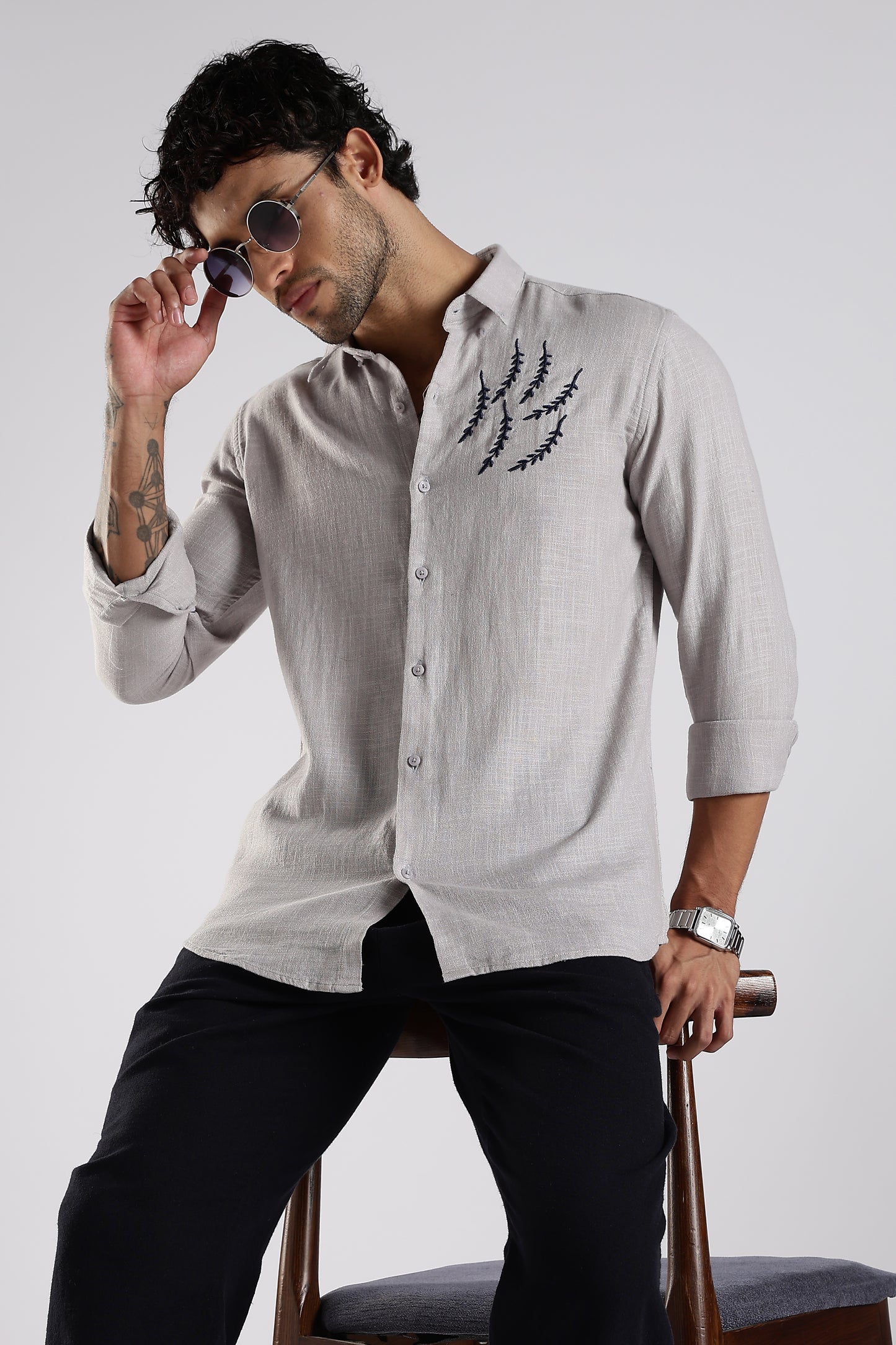 Regular Fit Embroidary Linen Blend Light Grey Designer Shirt