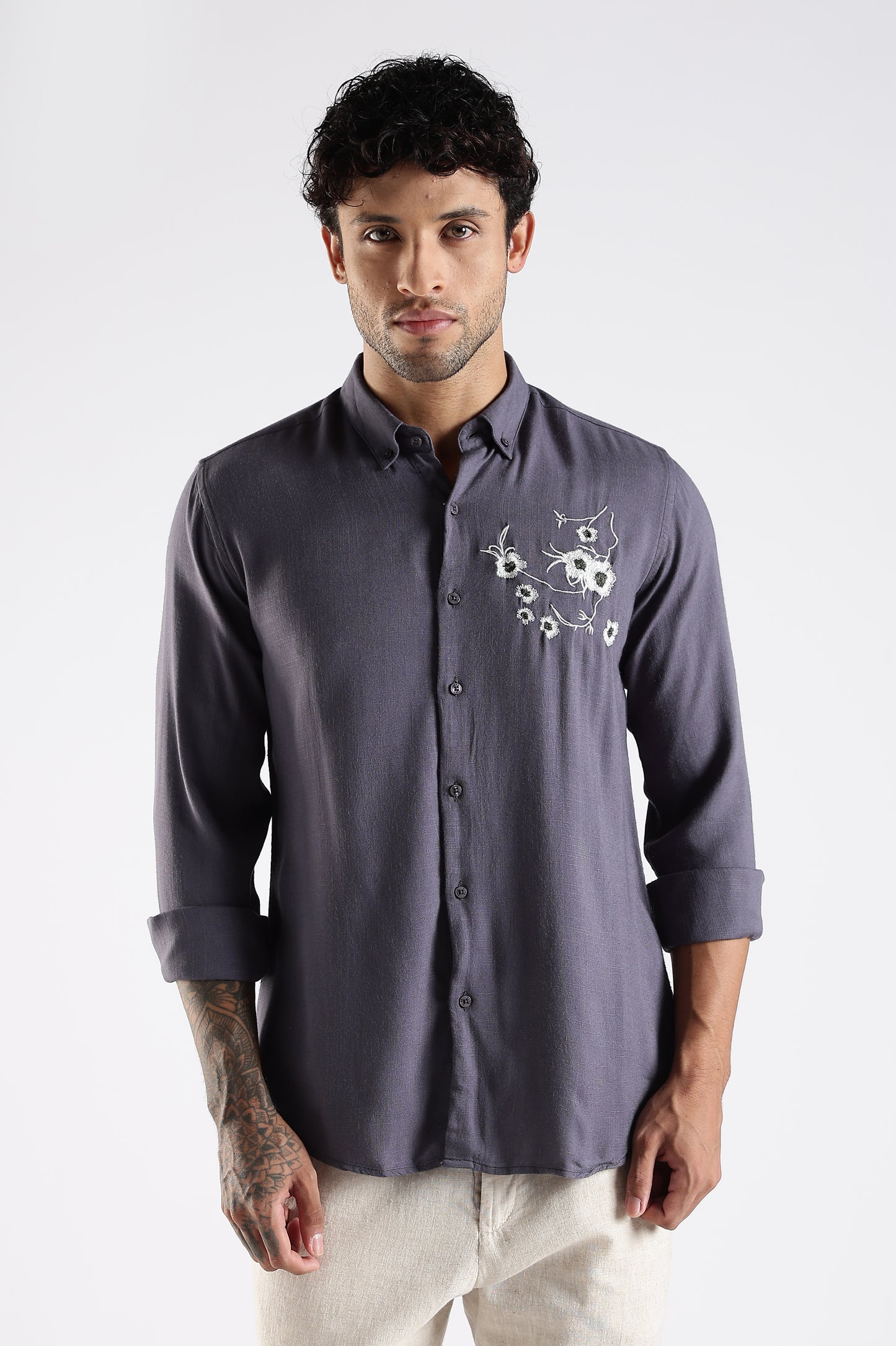 Regular Fit Embroidery Linen Blend Designer Gray Shirt