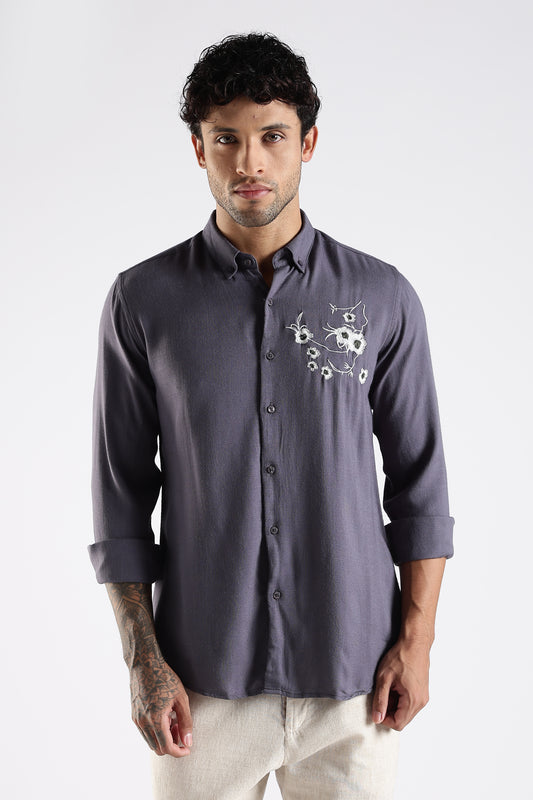 Regular Fit Embroidery Linen Blend Designer Gray Shirt