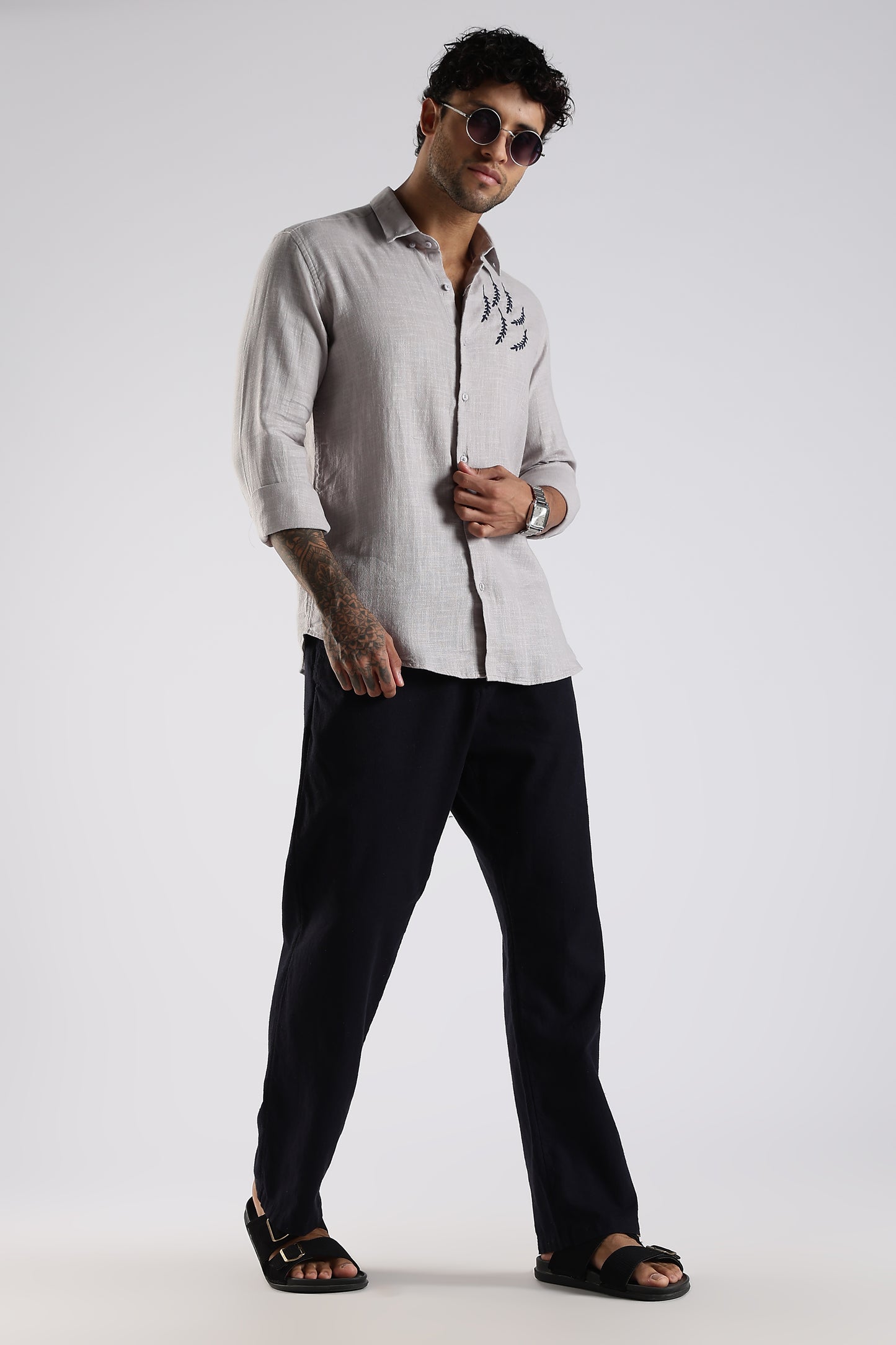 Regular Fit Embroidary Linen Blend Light Grey Designer Shirt