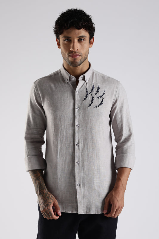 Regular Fit Embroidary Linen Blend Light Grey Designer Shirt