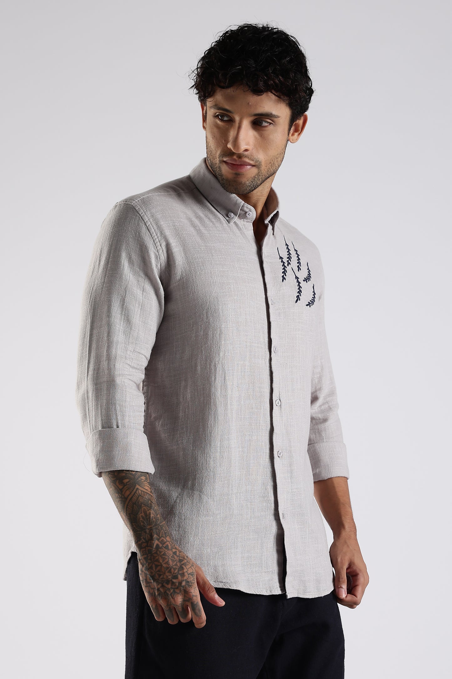 Regular Fit Embroidary Linen Blend Light Grey Designer Shirt