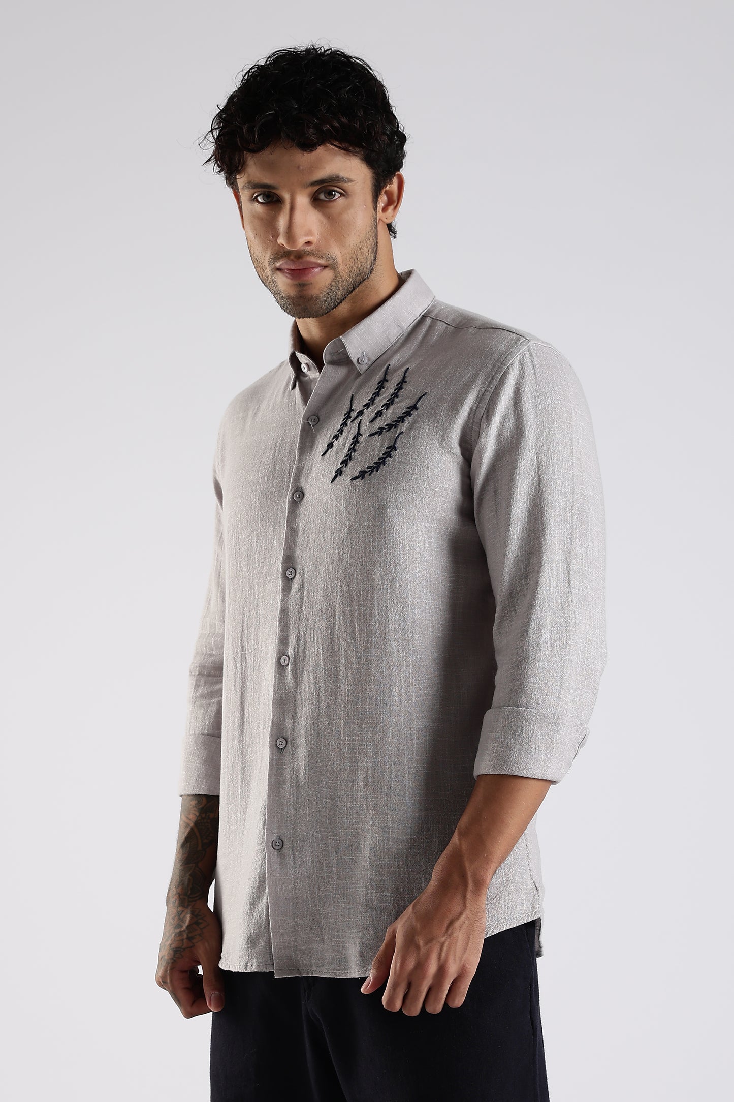 Regular Fit Embroidary Linen Blend Light Grey Designer Shirt