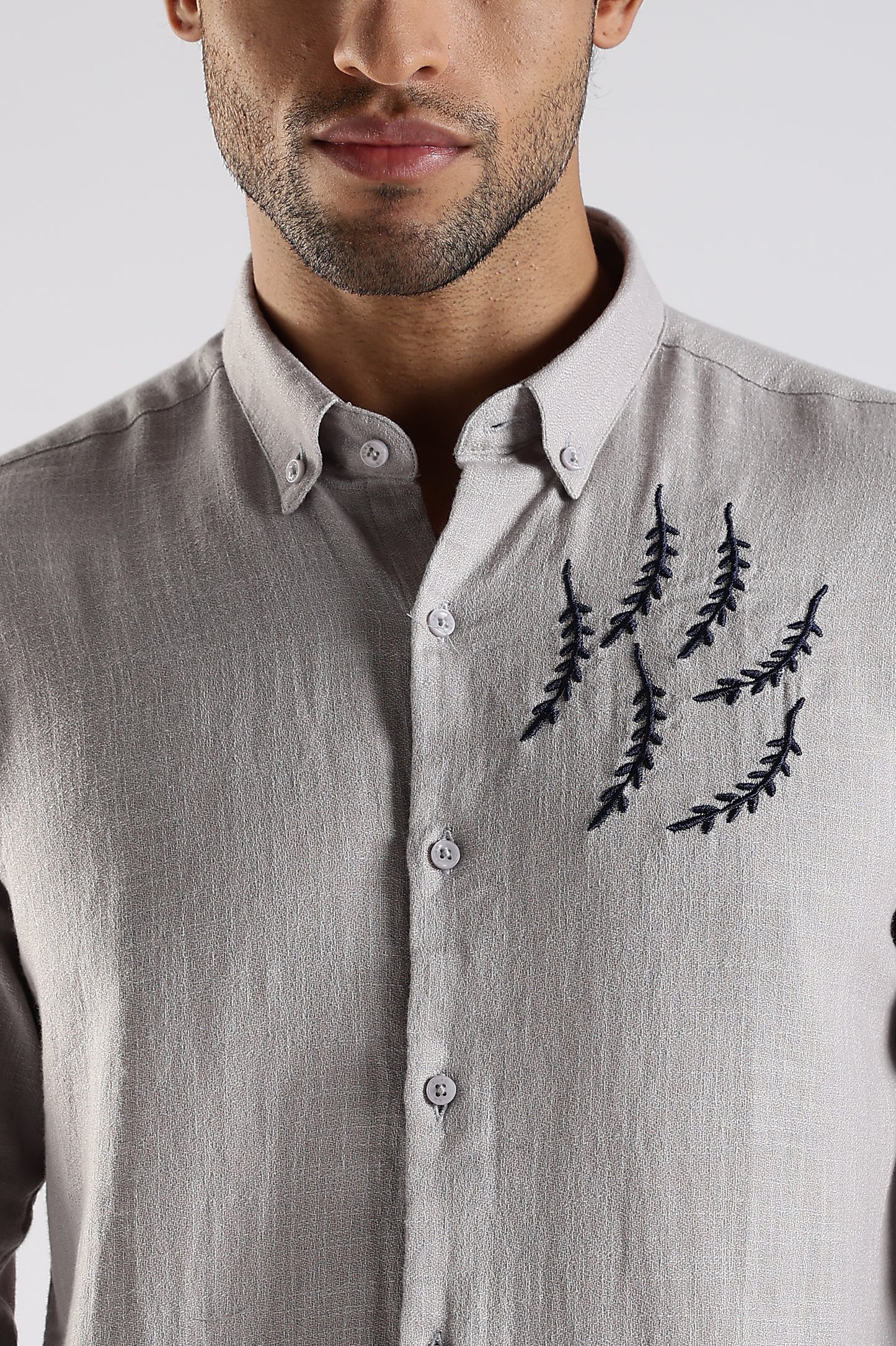Regular Fit Embroidary Linen Blend Light Grey Designer Shirt