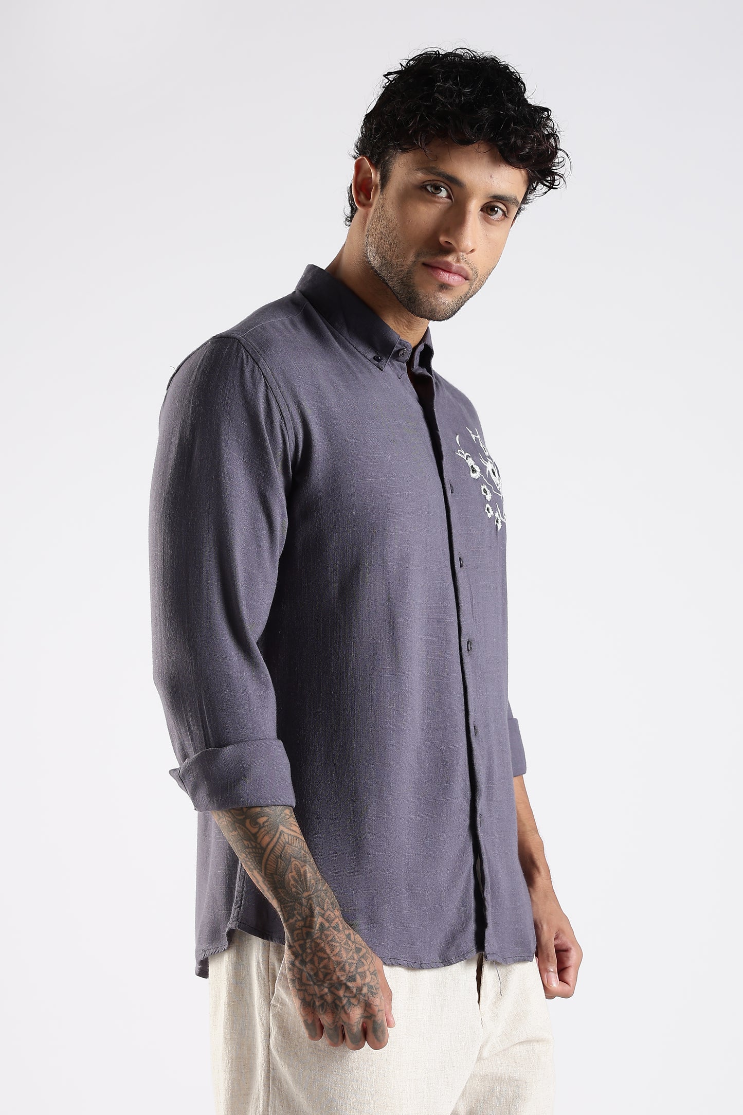 Regular Fit Embroidery Linen Blend Designer Gray Shirt