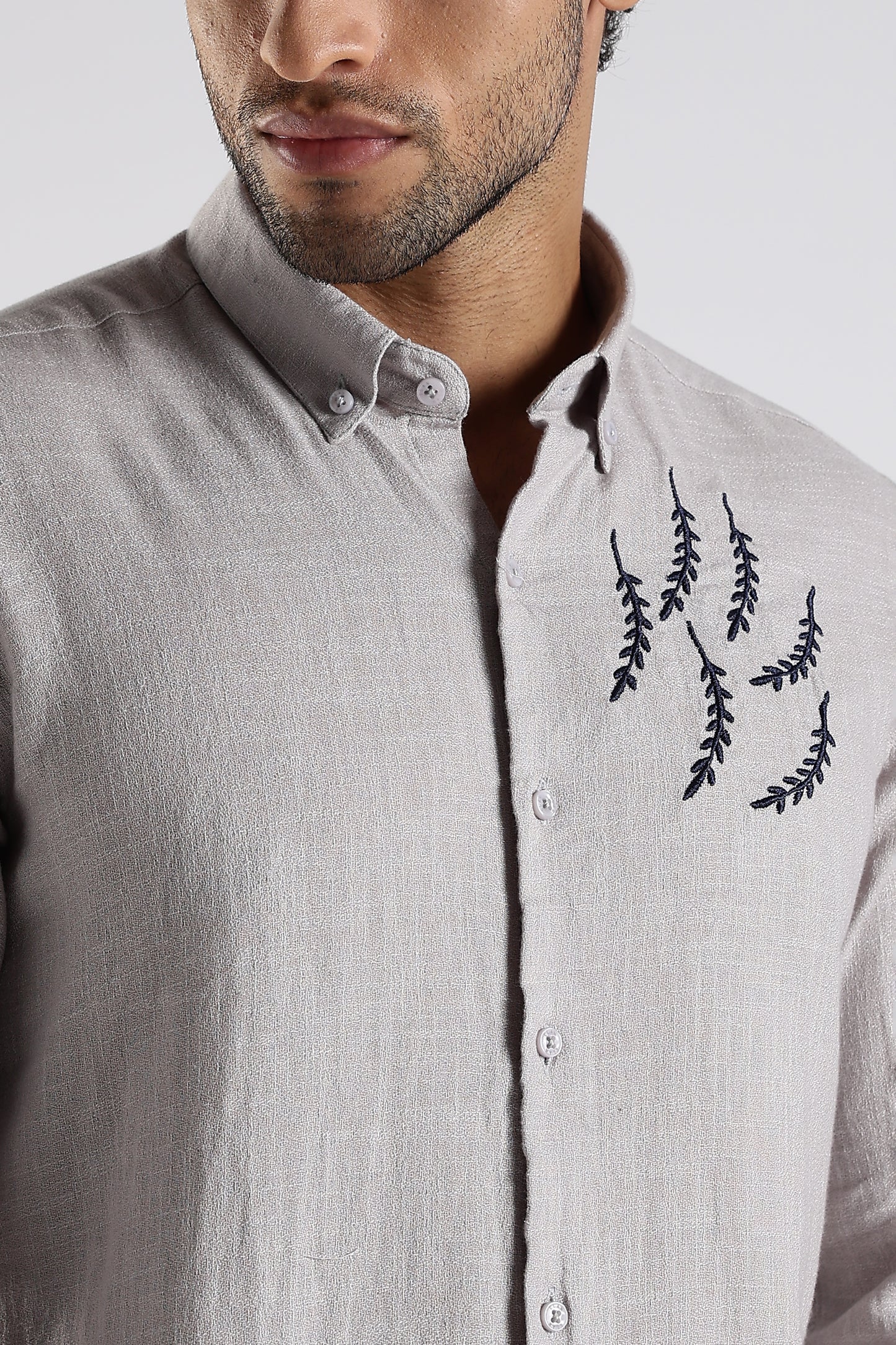 Regular Fit Embroidary Linen Blend Light Grey Designer Shirt