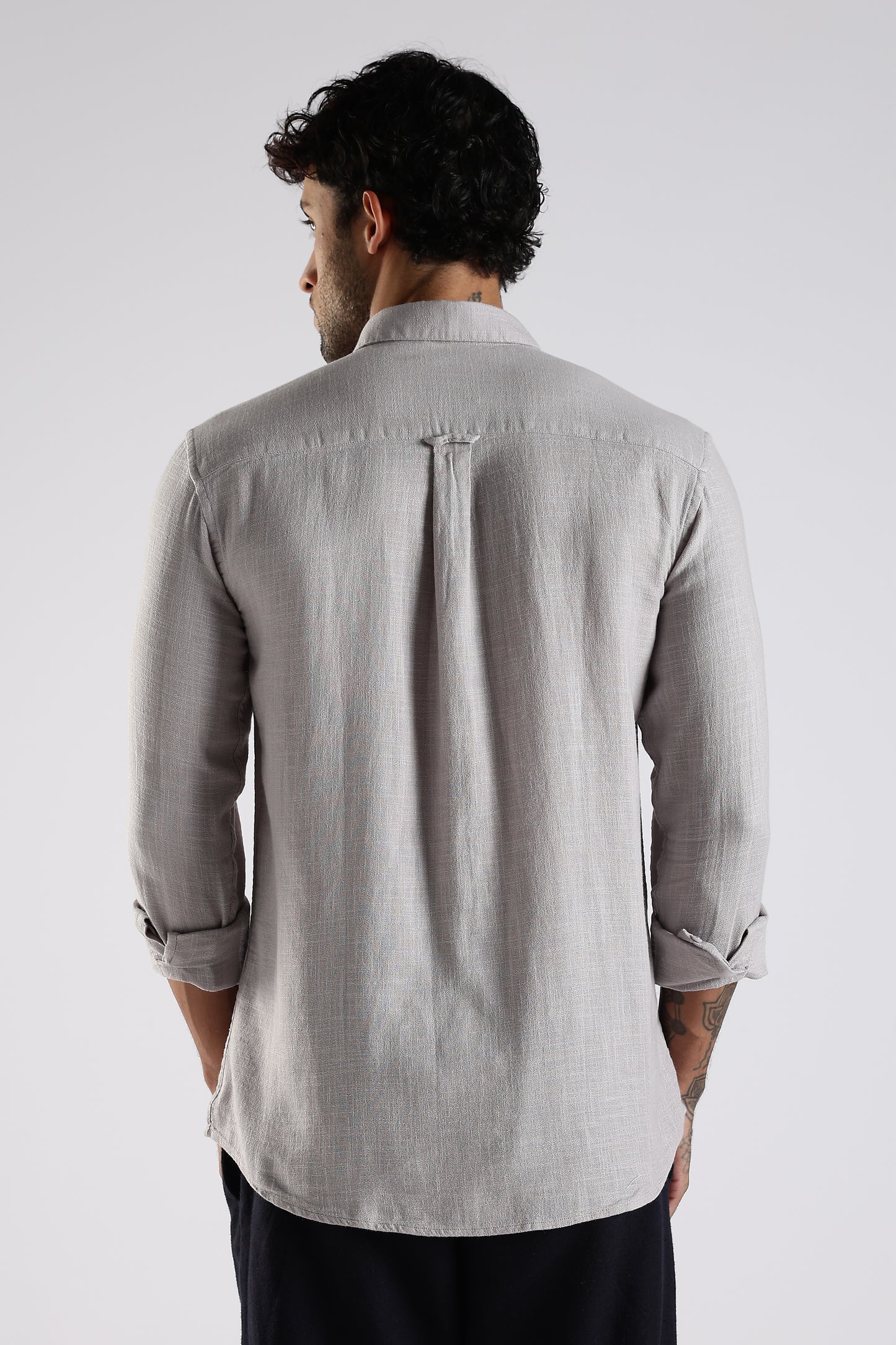 Regular Fit Embroidary Linen Blend Light Grey Designer Shirt