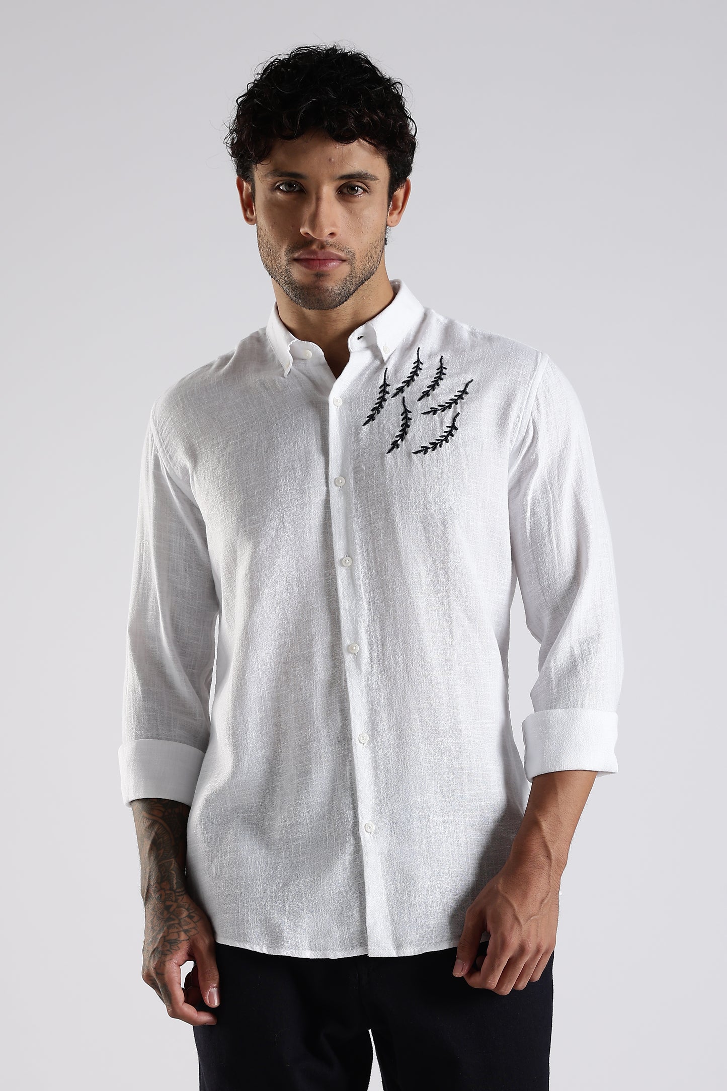 Regular Fit Embroidary White Linen Blend Designer Shirt