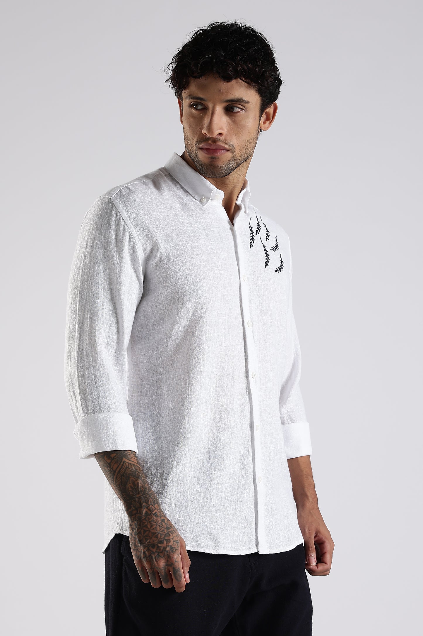 Regular Fit Embroidary White Linen Blend Designer Shirt