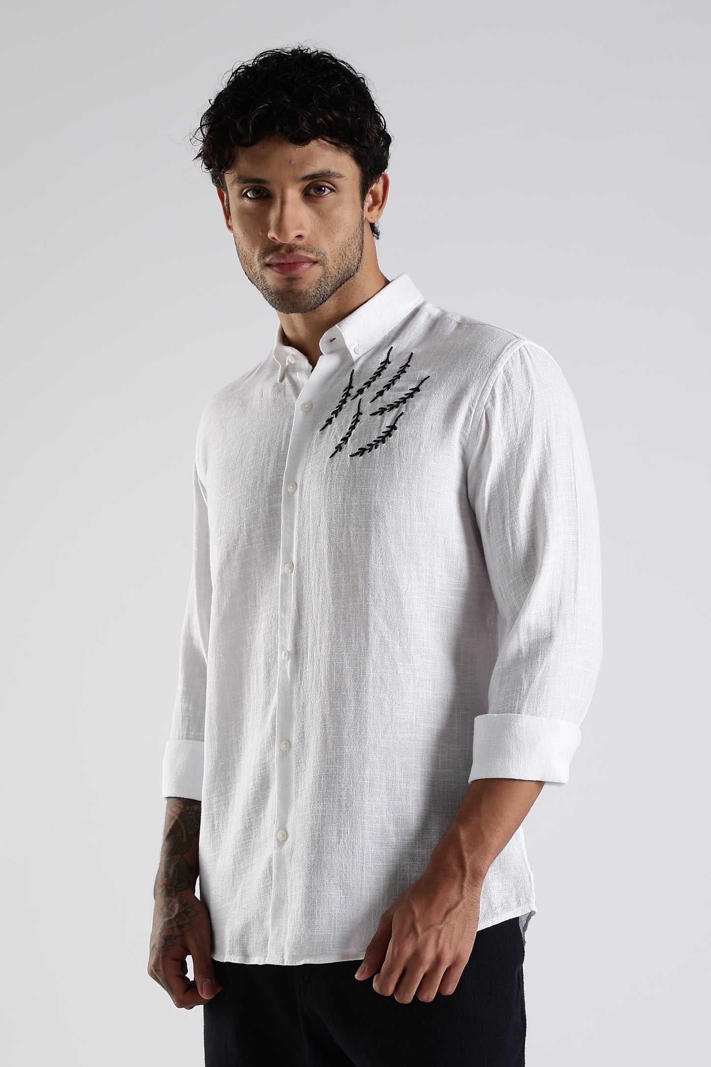 Regular Fit Embroidary White Linen Blend Designer Shirt