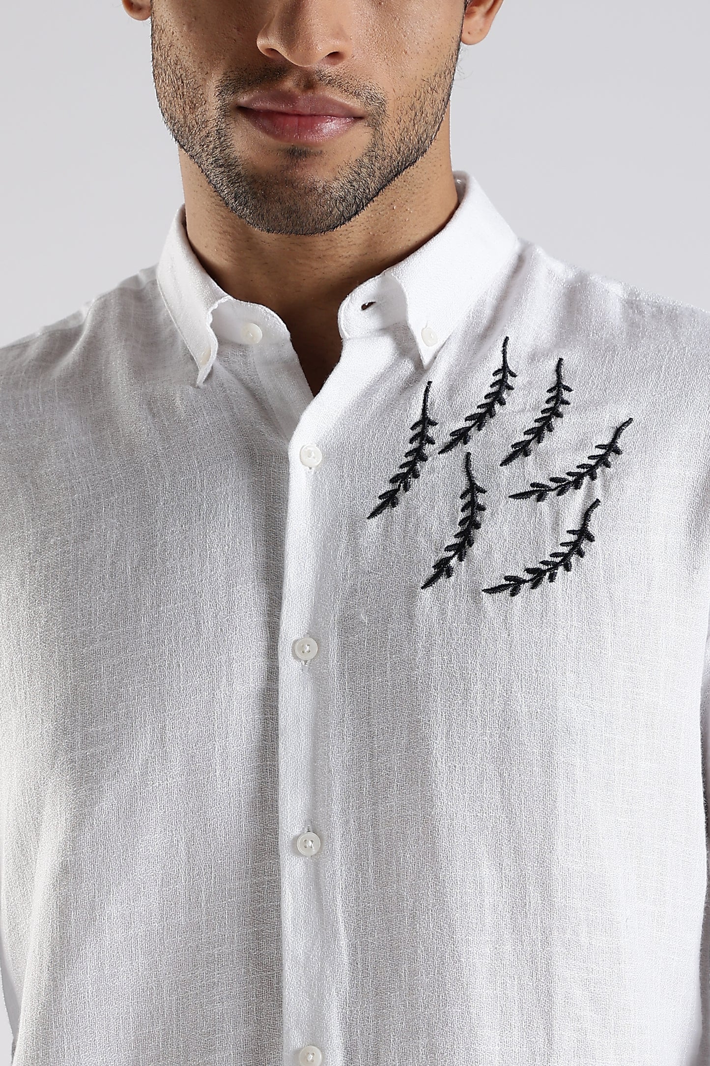 Regular Fit Embroidary White Linen Blend Designer Shirt