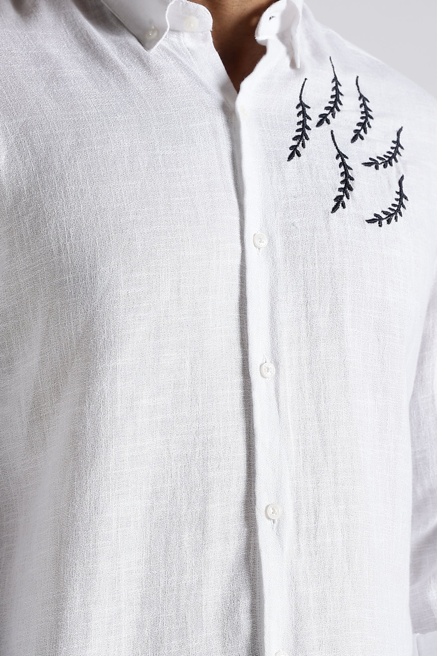 Regular Fit Embroidary White Linen Blend Designer Shirt
