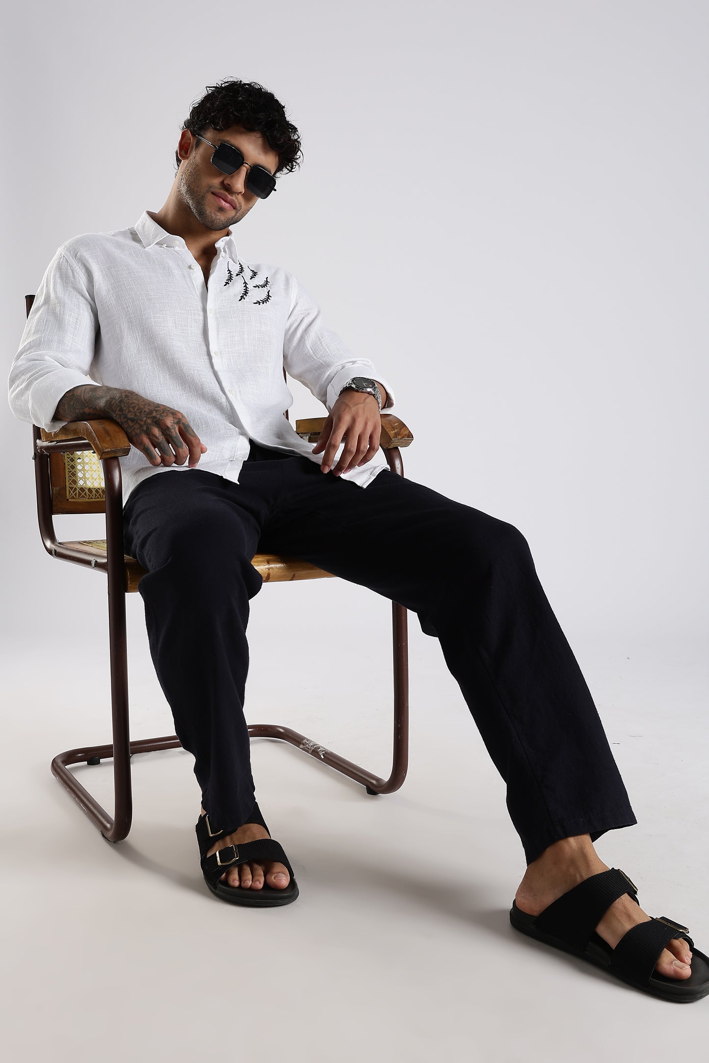 Regular Fit Embroidary White Linen Blend Designer Shirt