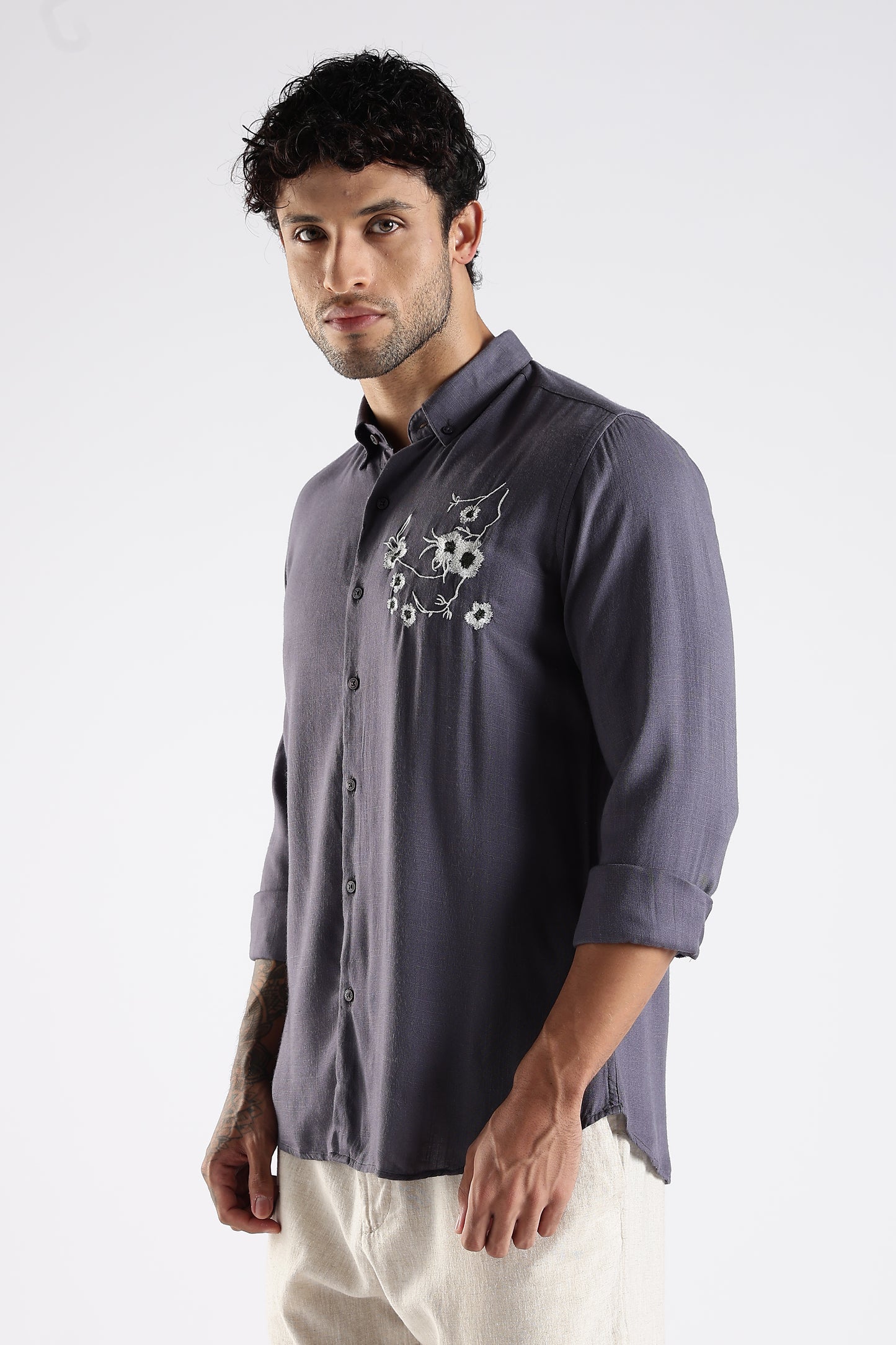 Regular Fit Embroidery Linen Blend Designer Gray Shirt