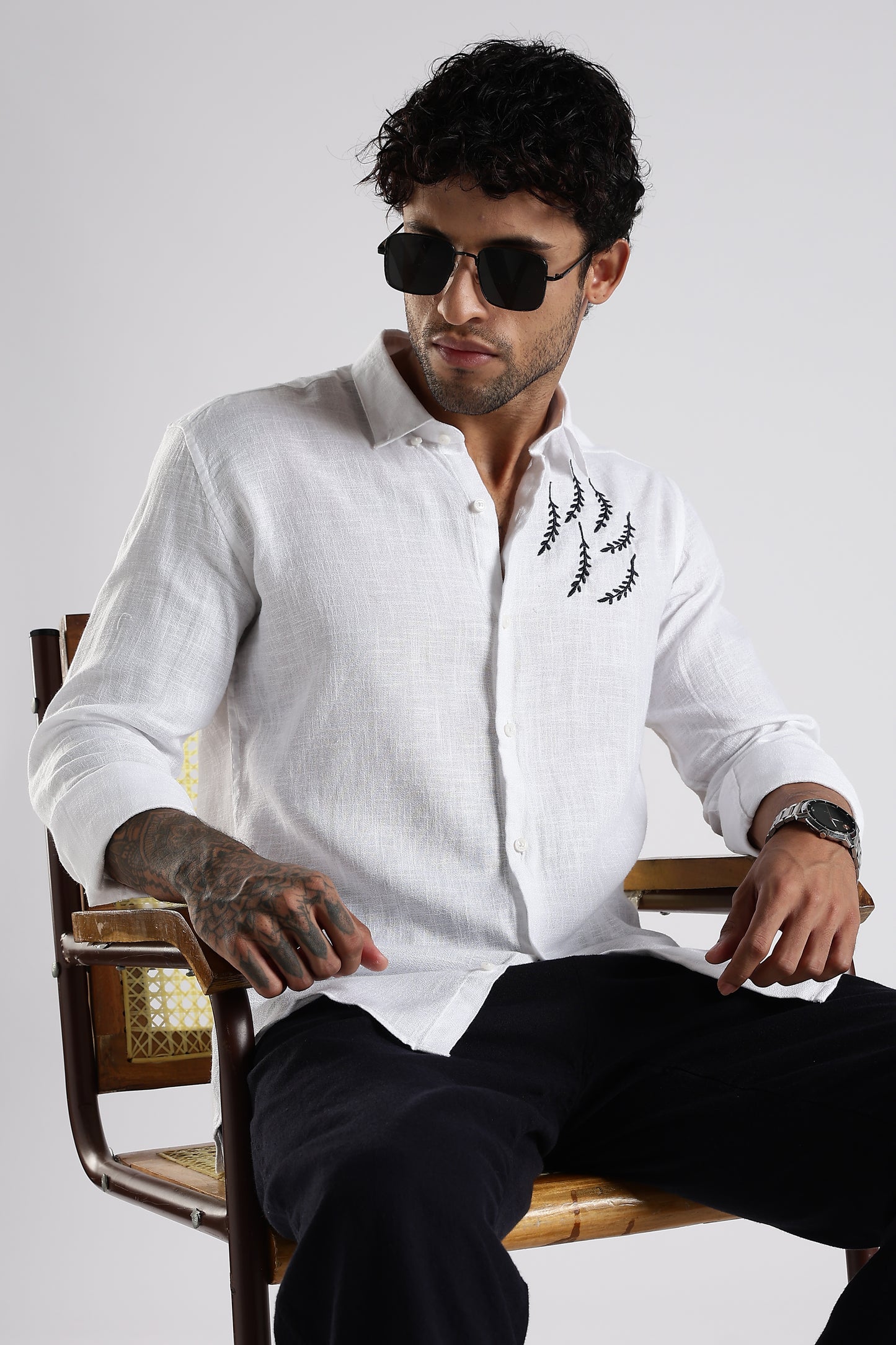 Regular Fit Embroidary White Linen Blend Designer Shirt