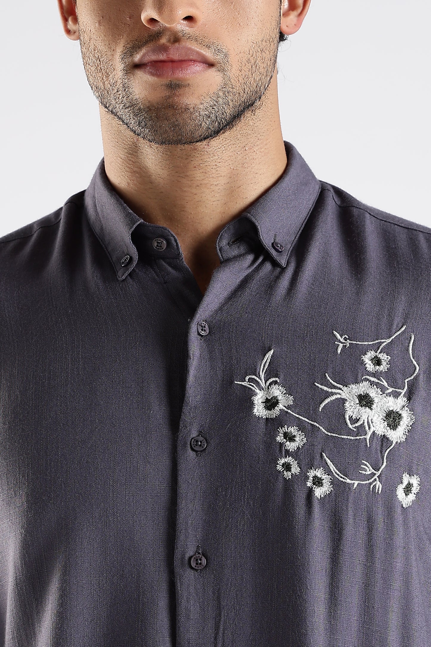 Regular Fit Embroidery Linen Blend Designer Gray Shirt