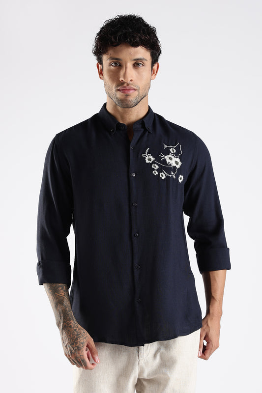 Regular Fit Embroidery Linen Blend  Dark Navy Blue Designer Shirt