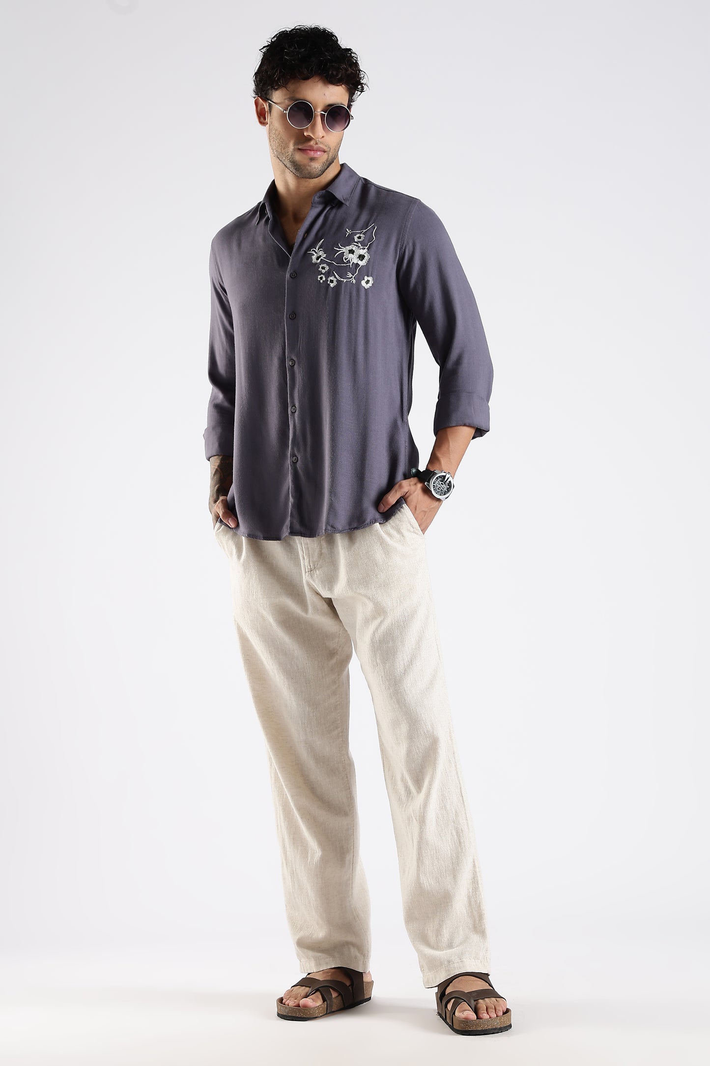 Regular Fit Embroidery Linen Blend Designer Gray Shirt