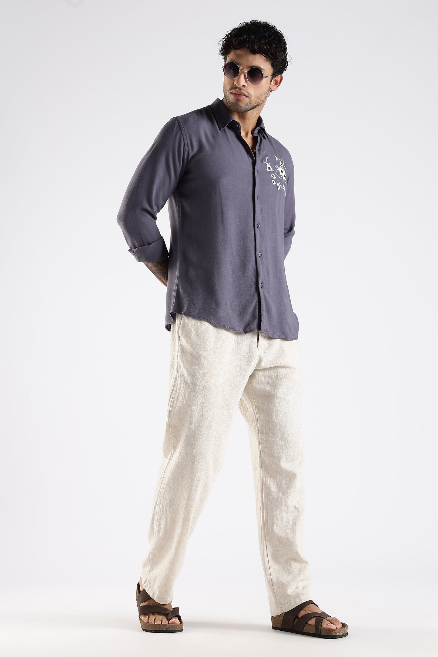 Regular Fit Embroidery Linen Blend Designer Gray Shirt