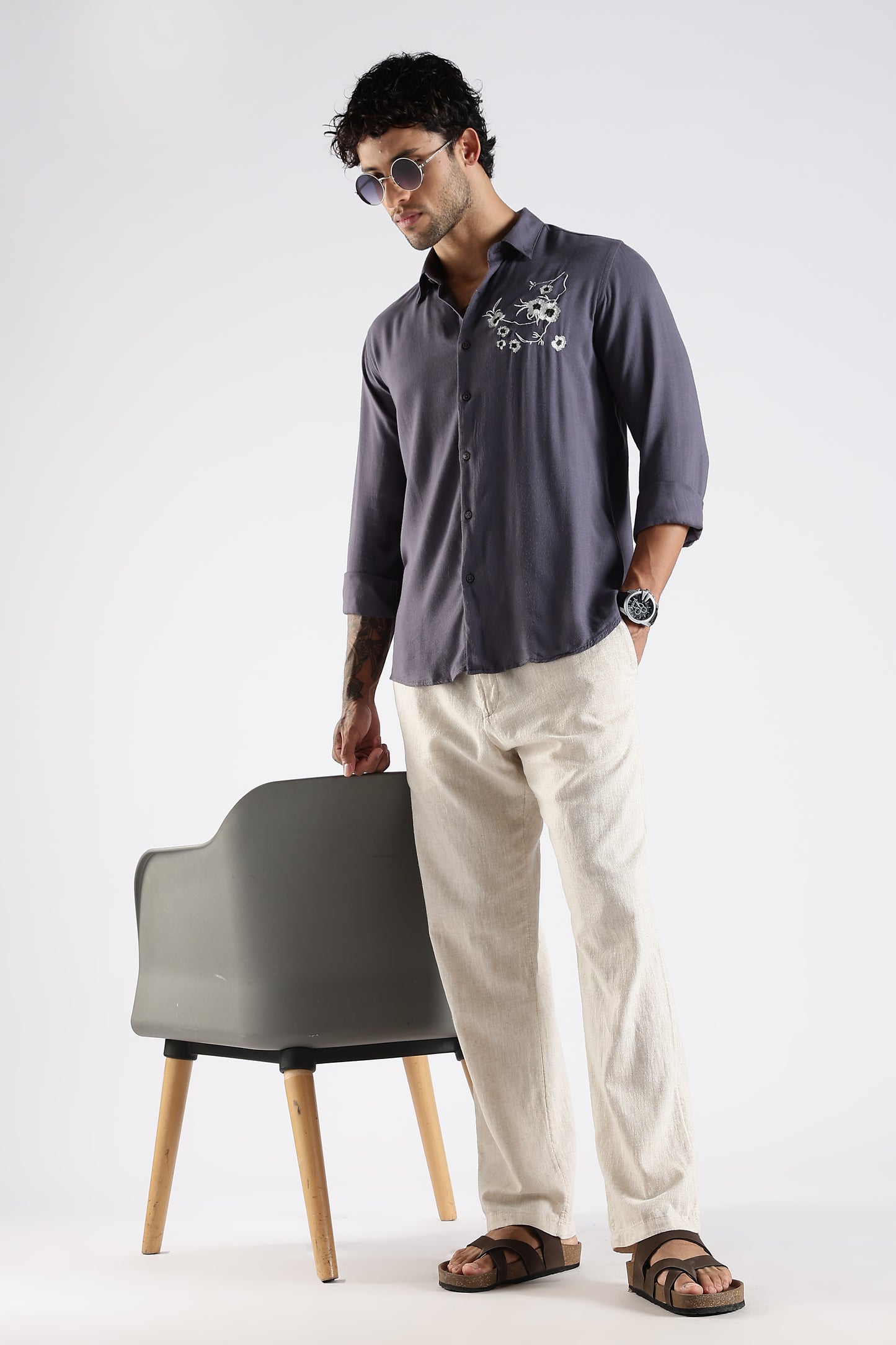 Regular Fit Embroidery Linen Blend Designer Gray Shirt