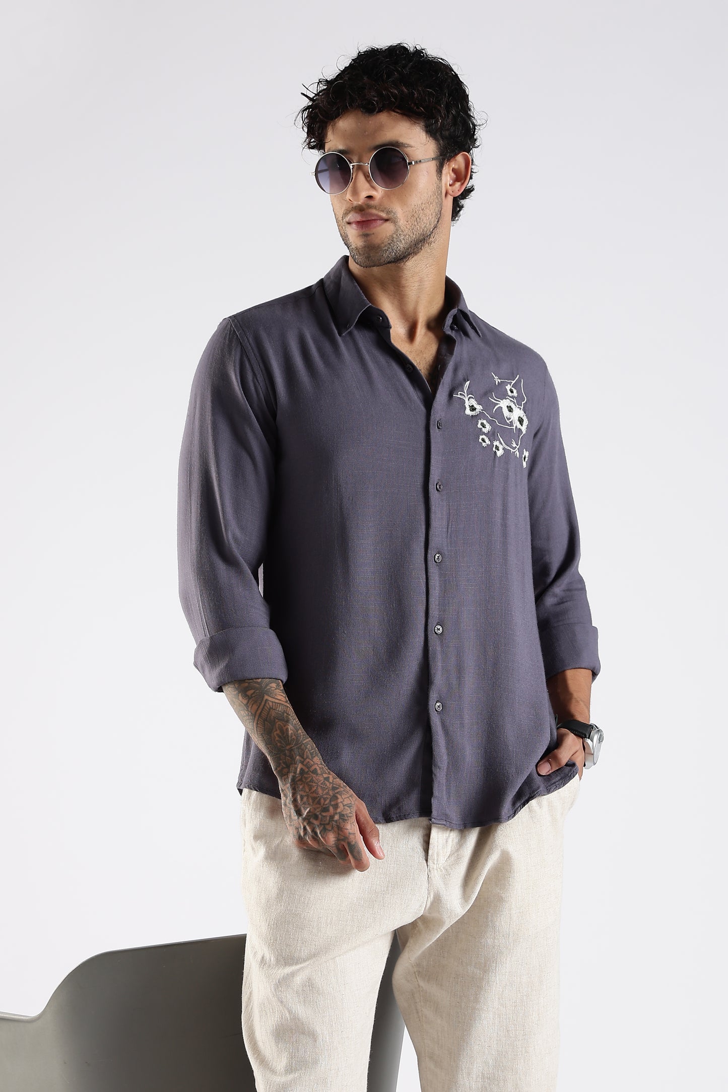 Regular Fit Embroidery Linen Blend Designer Gray Shirt