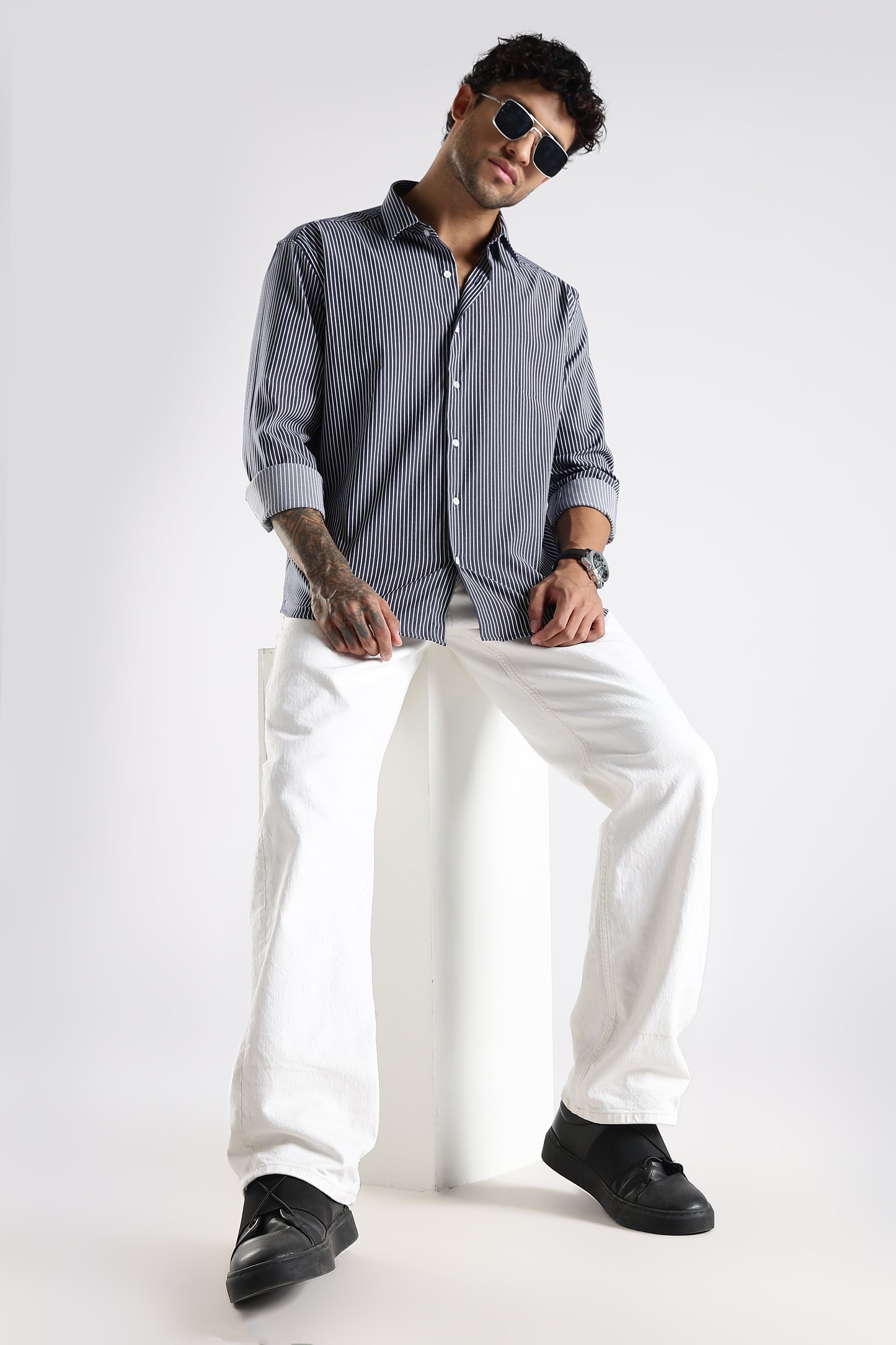 Regular Fit Stripe Navy Blue Shirt