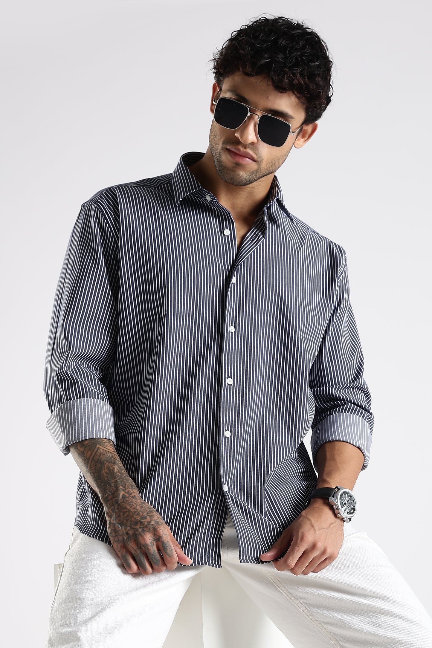 Regular Fit Stripe Navy Blue Shirt