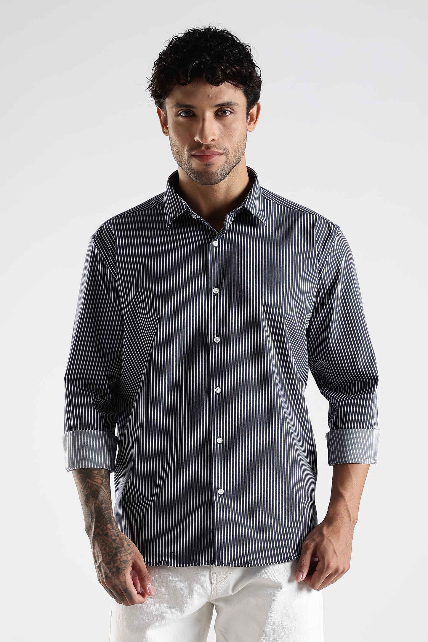 Regular Fit Stripe Navy Blue Shirt