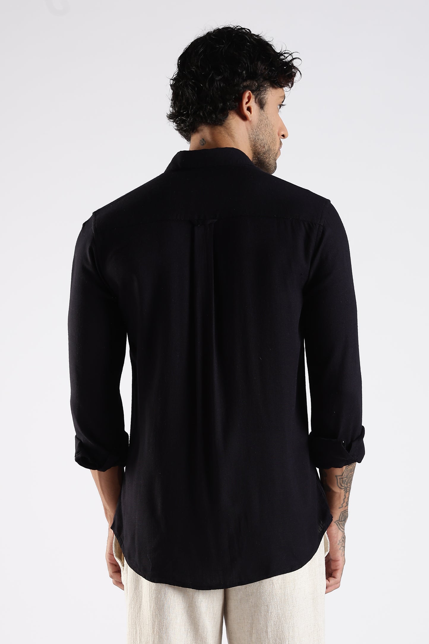 Regular Fit Embroidery Linen Blend Designer Black Shirt