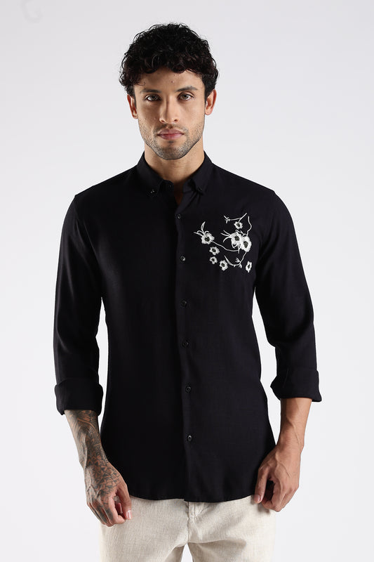 Regular Fit Embroidery Linen Blend Designer Black Shirt