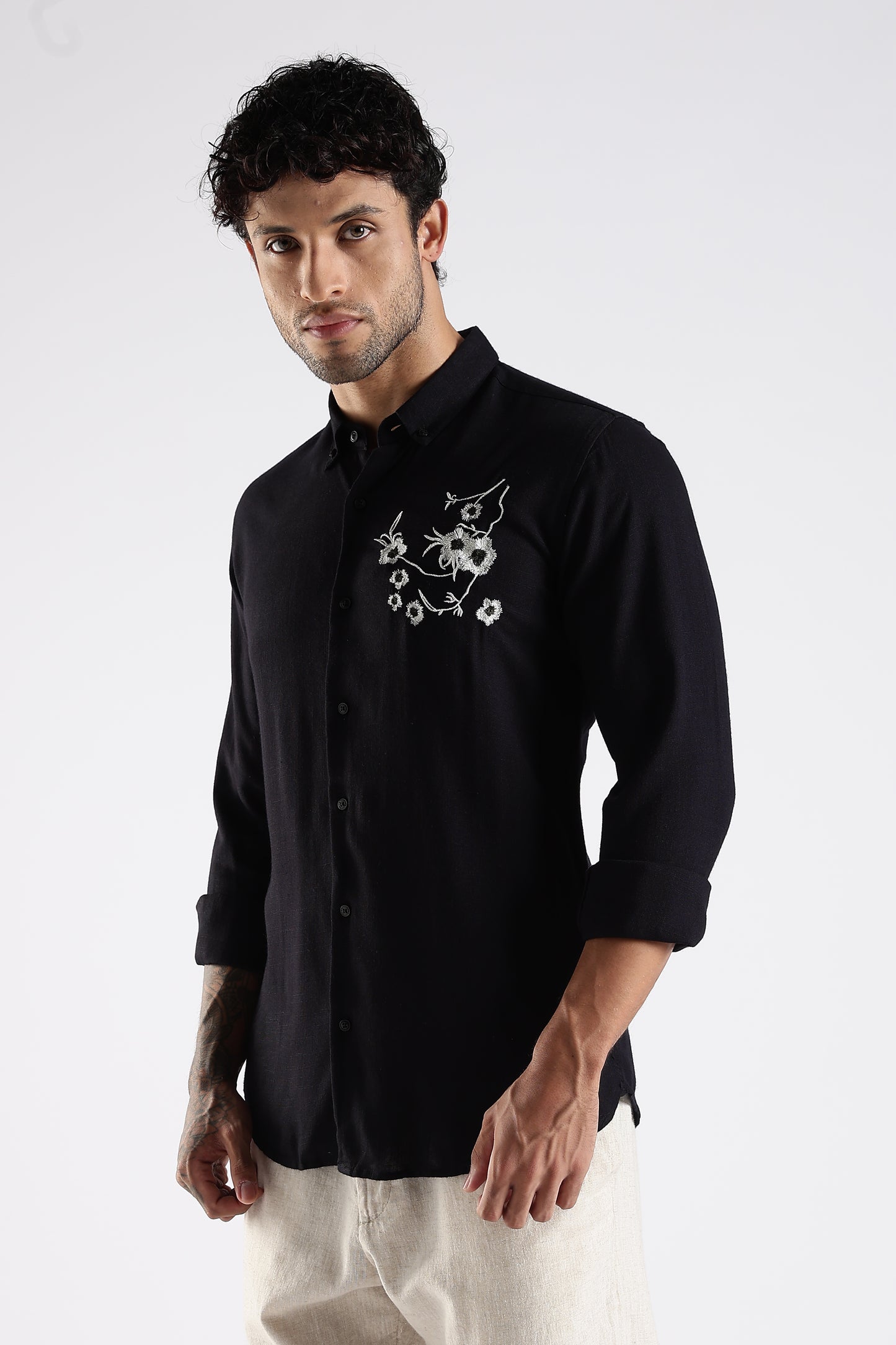 Regular Fit Embroidery Linen Blend Designer Black Shirt