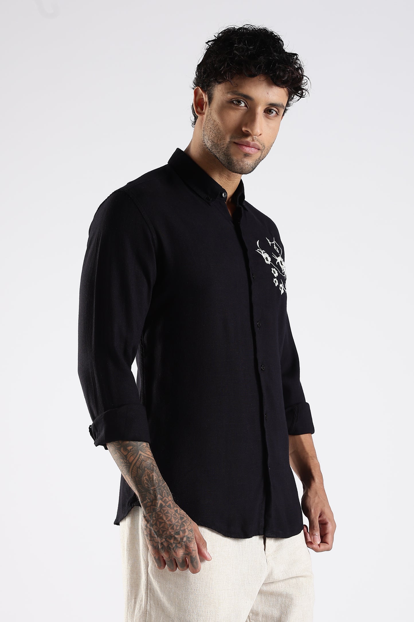 Regular Fit Embroidery Linen Blend Designer Black Shirt
