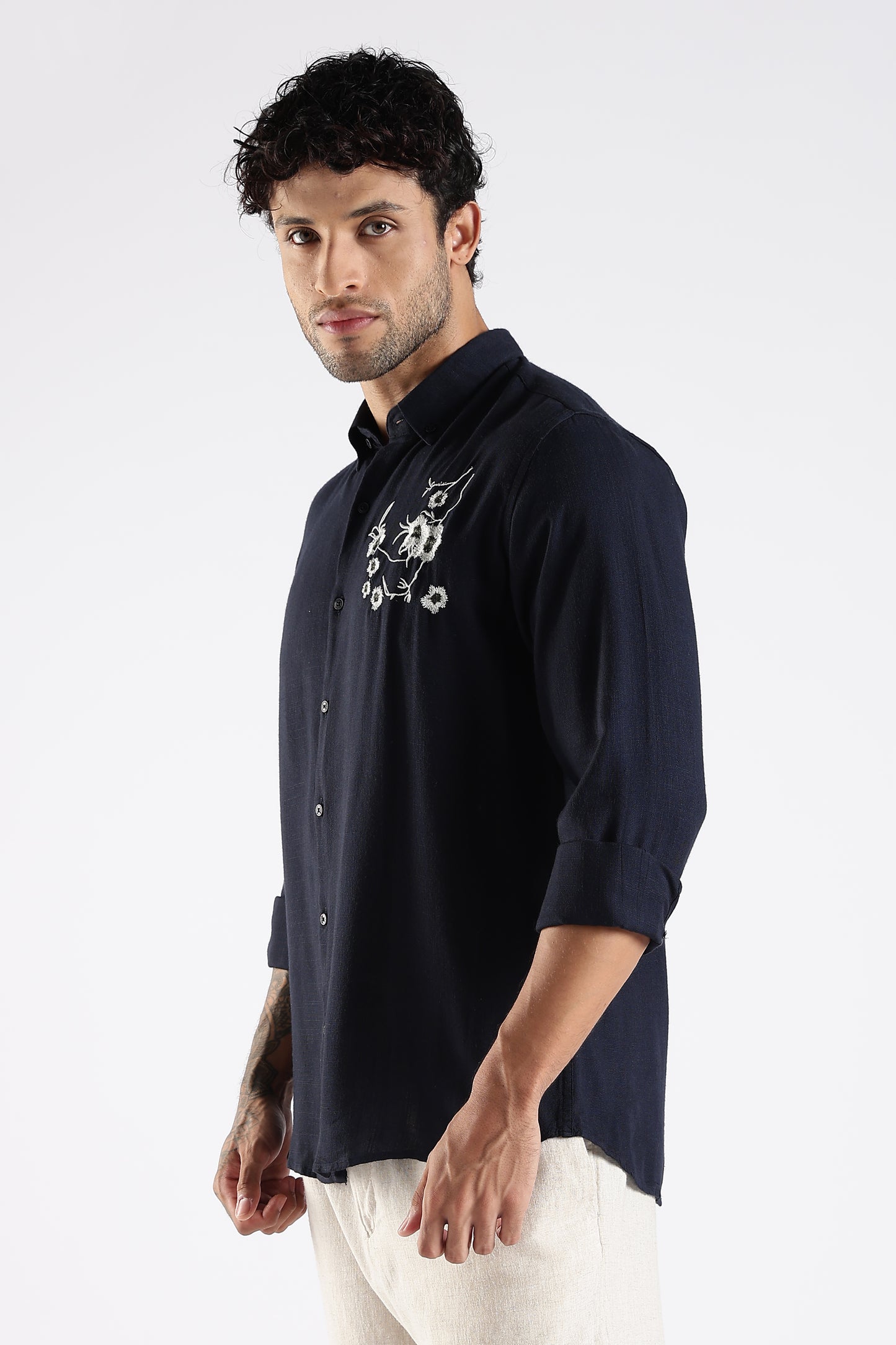 Regular Fit Embroidery Linen Blend  Dark Navy Blue Designer Shirt