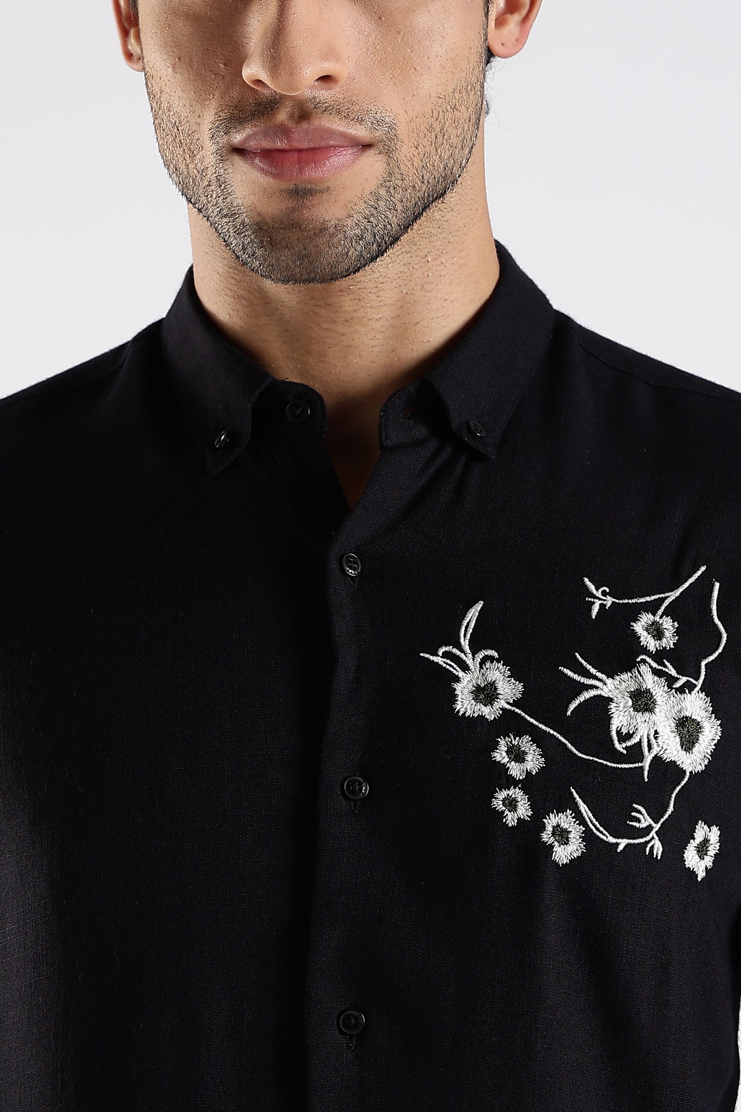 Regular Fit Embroidery Linen Blend Designer Black Shirt
