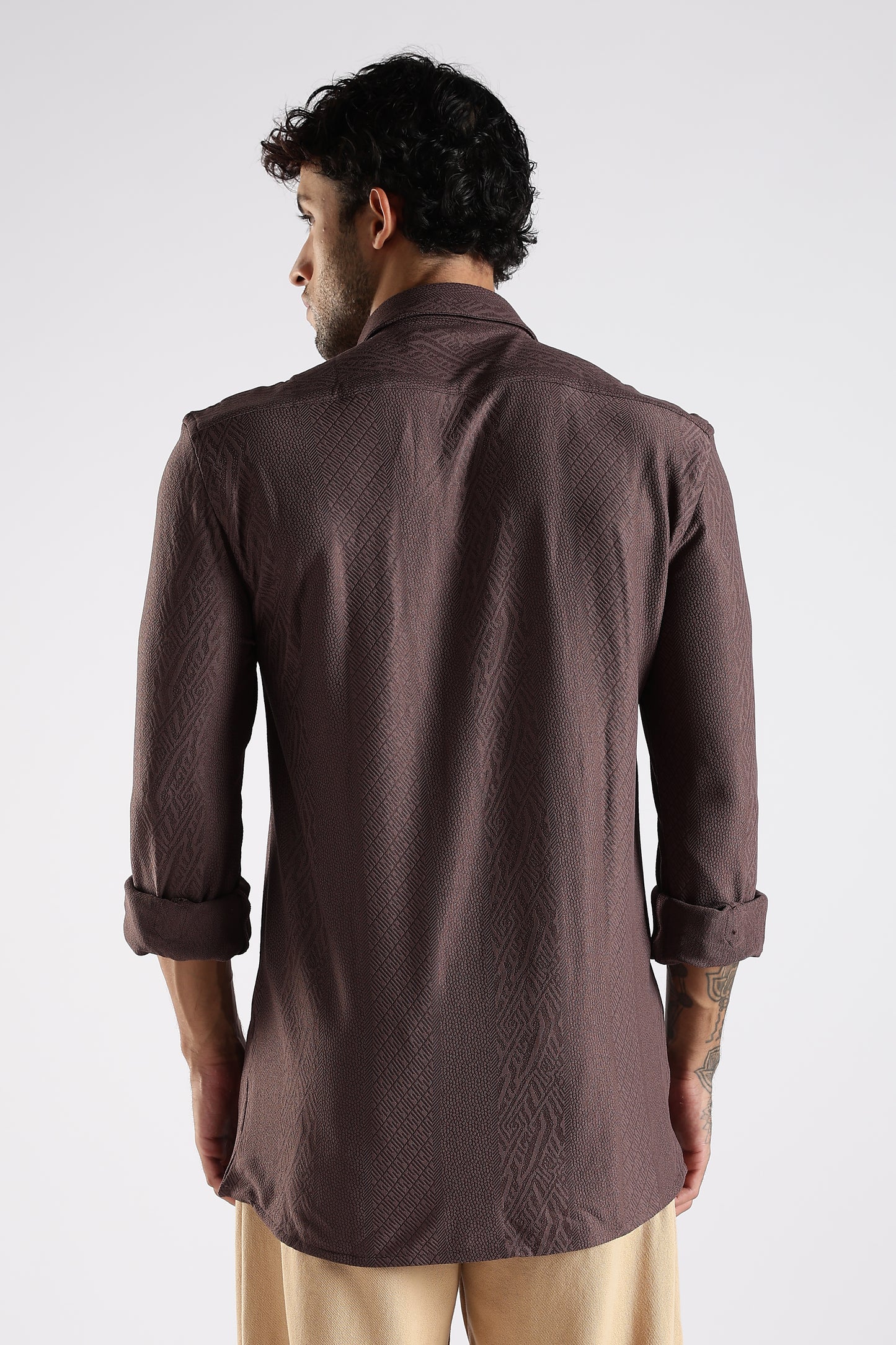 Regular Fit Textured Jacquard Fabric Brown Shirt