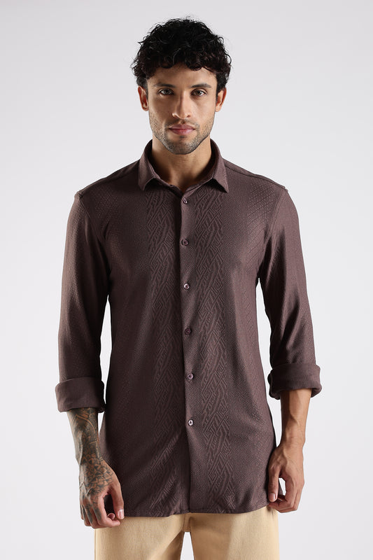 Regular Fit Textured Jacquard Fabric Brown Shirt
