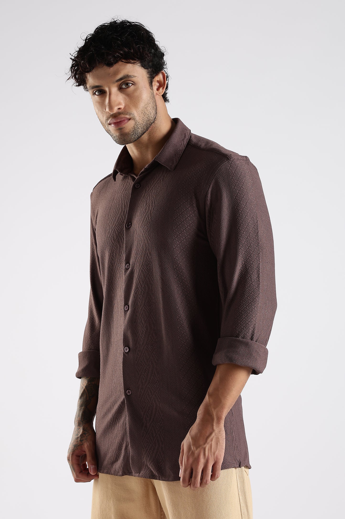 Regular Fit Textured Jacquard Fabric Brown Shirt