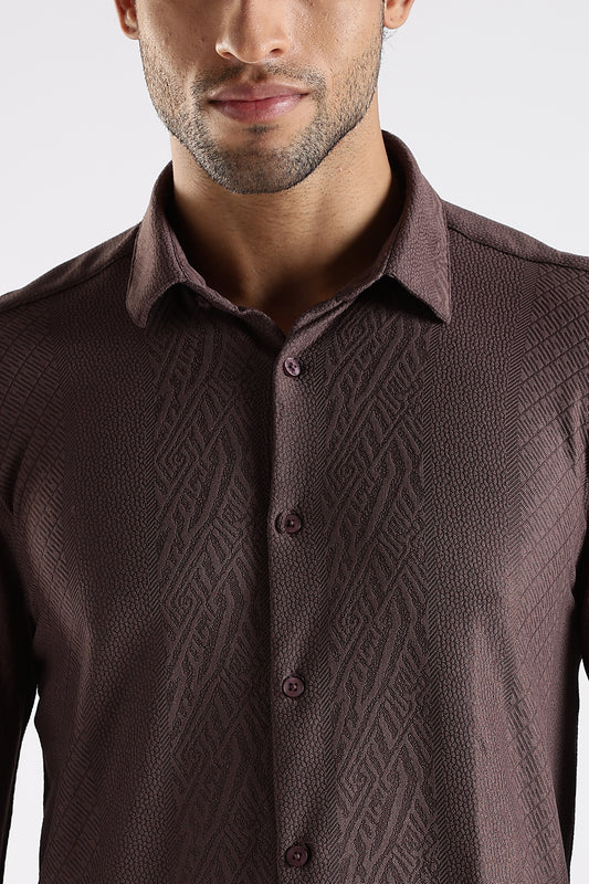 Regular Fit Textured Jacquard Fabric Brown Shirt