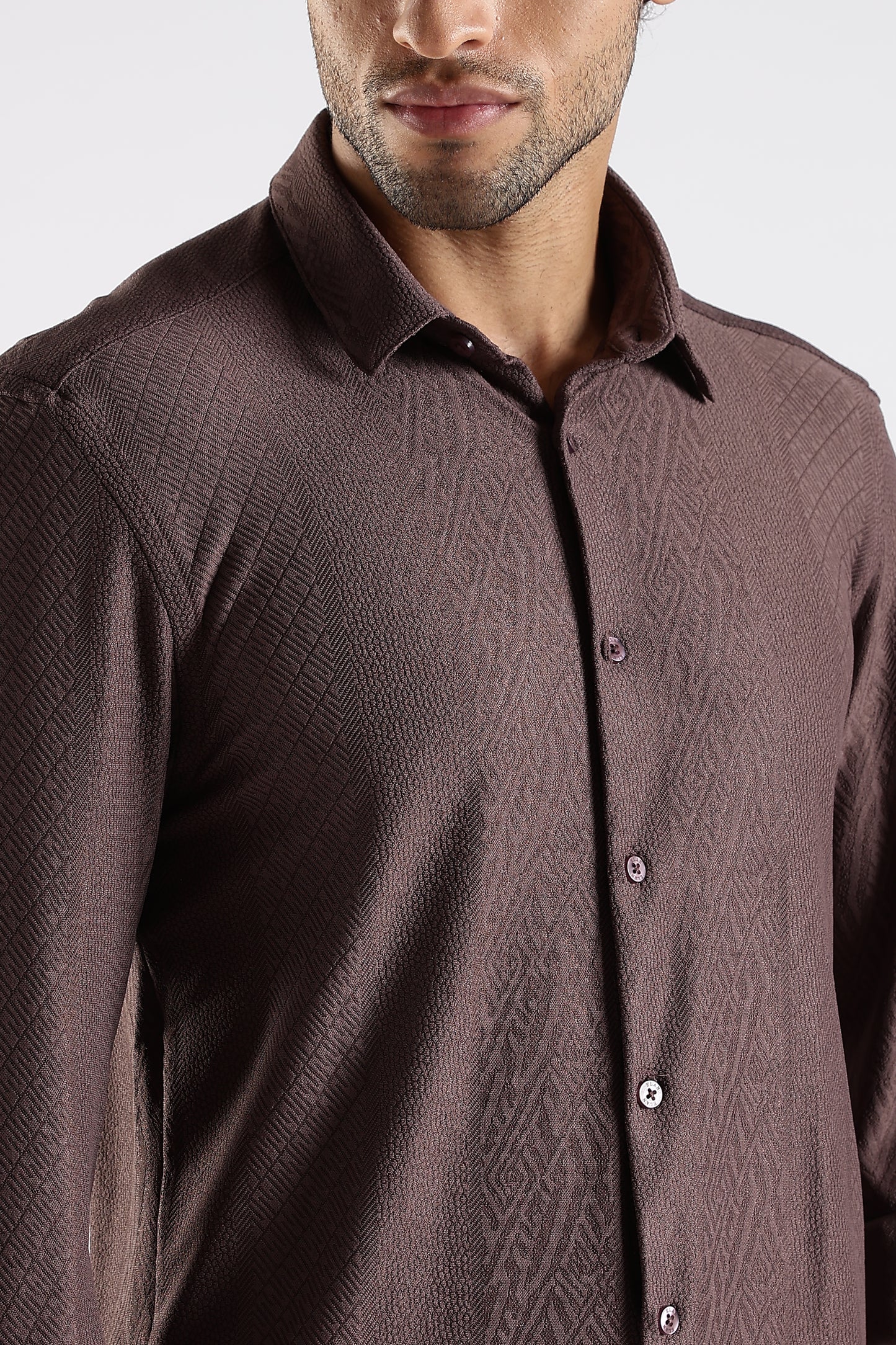 Regular Fit Textured Jacquard Fabric Brown Shirt