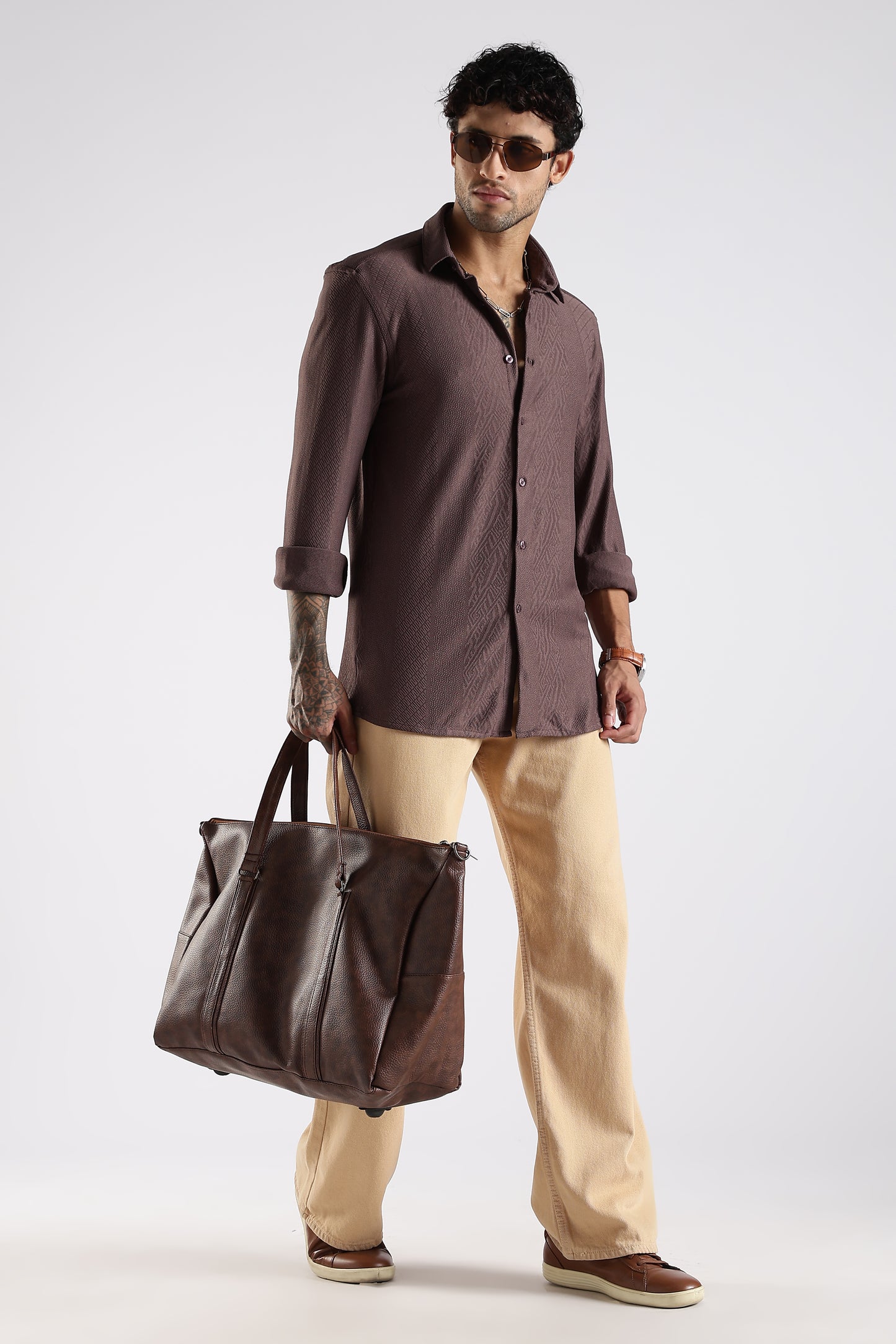 Regular Fit Textured Jacquard Fabric Brown Shirt