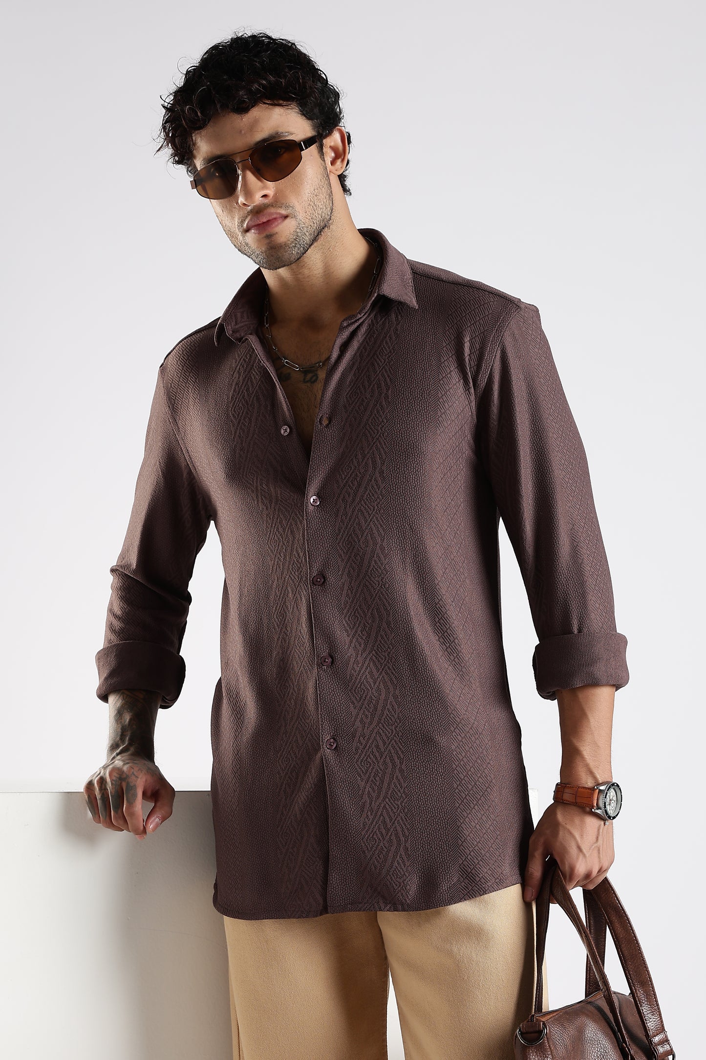 Regular Fit Textured Jacquard Fabric Brown Shirt