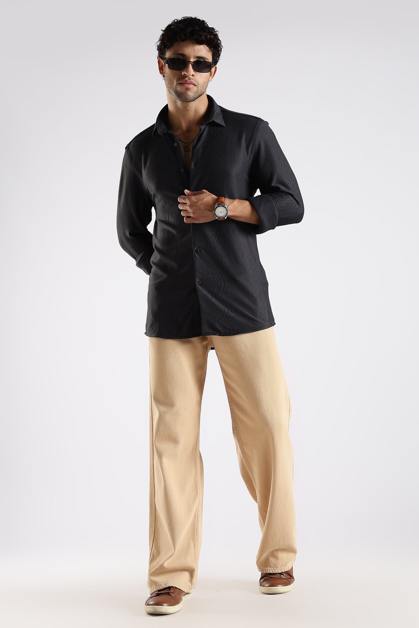 Regular Fit Textured Jacquard Fabric Black Shirt