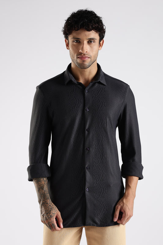 Regular Fit Textured Jacquard Fabric Black Shirt