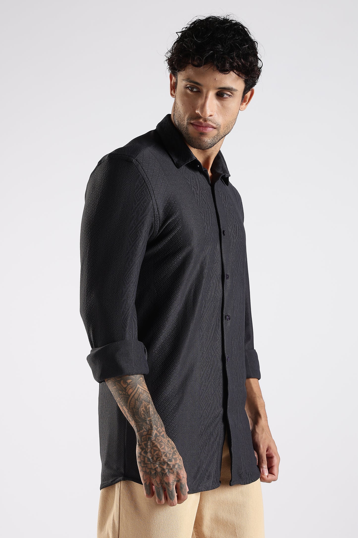 Regular Fit Textured Jacquard Fabric Black Shirt