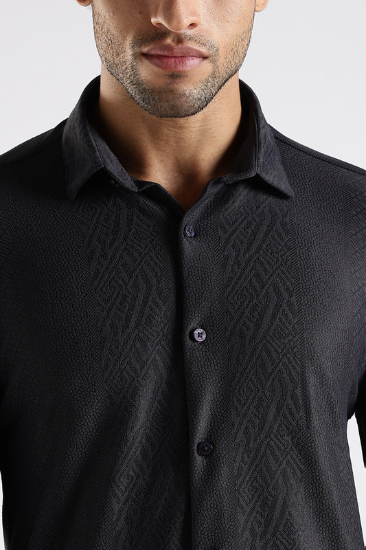 Regular Fit Textured Jacquard Fabric Black Shirt