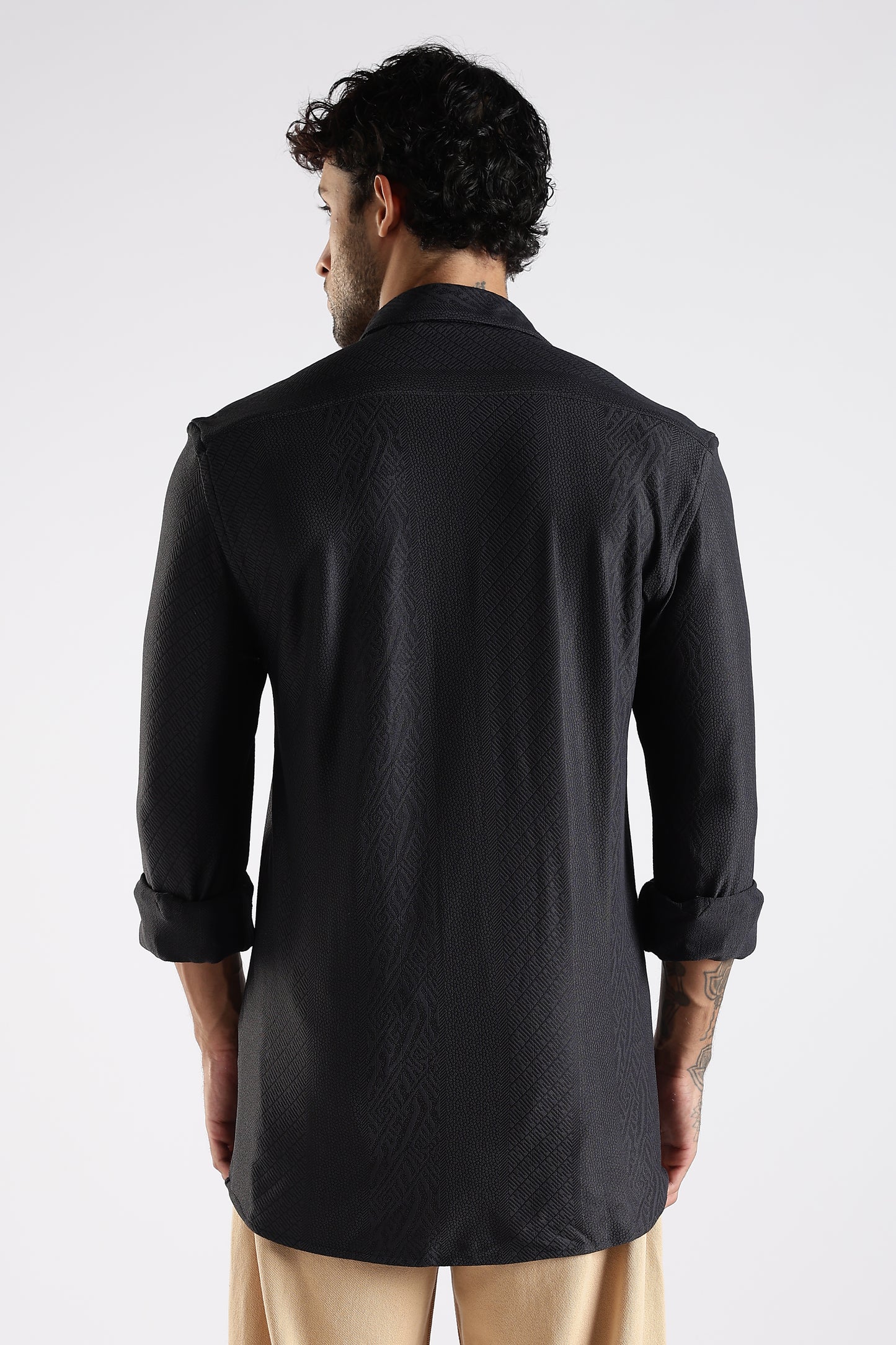 Regular Fit Textured Jacquard Fabric Black Shirt
